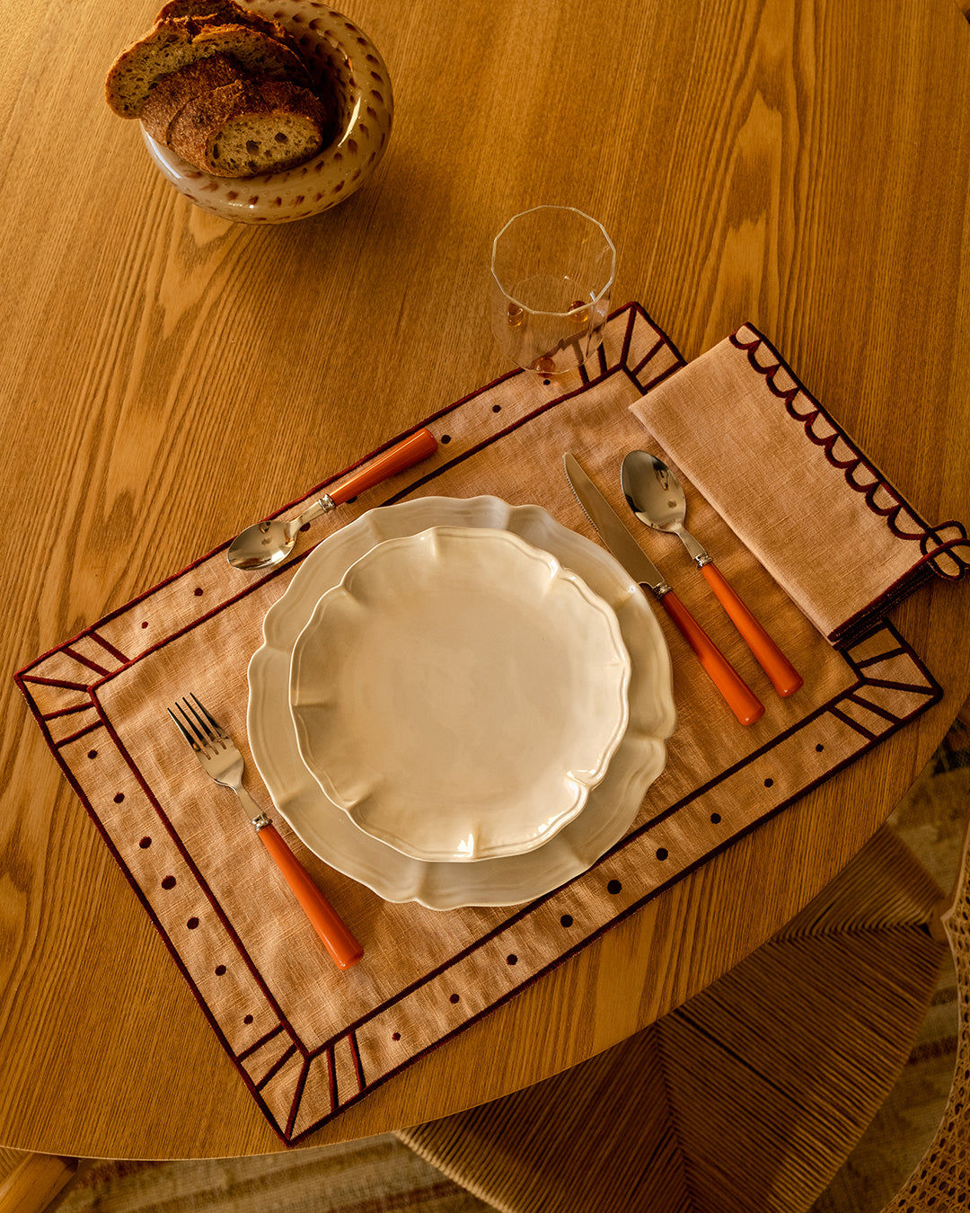 Belle Nuit Linen Placemat in Salmon and Bordeaux