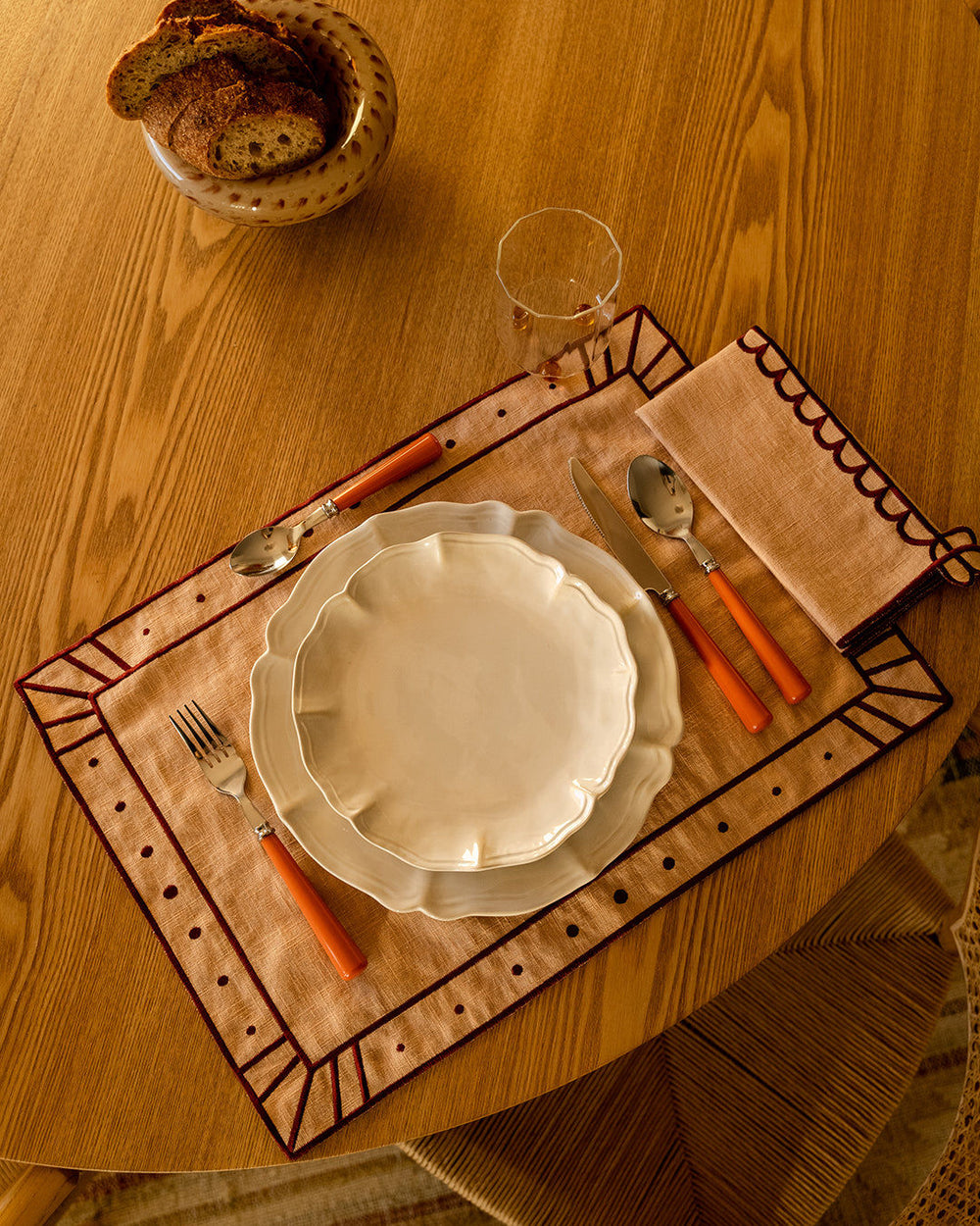 Belle Nuit Linen Placemat in Salmon and Bordeaux