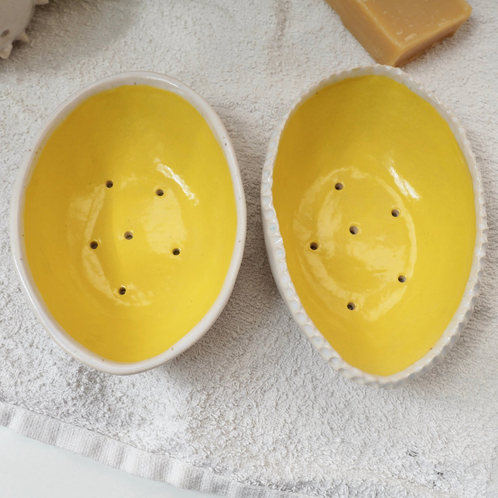 Handmade Yellow Speckled Oval Pottery Soap Dish