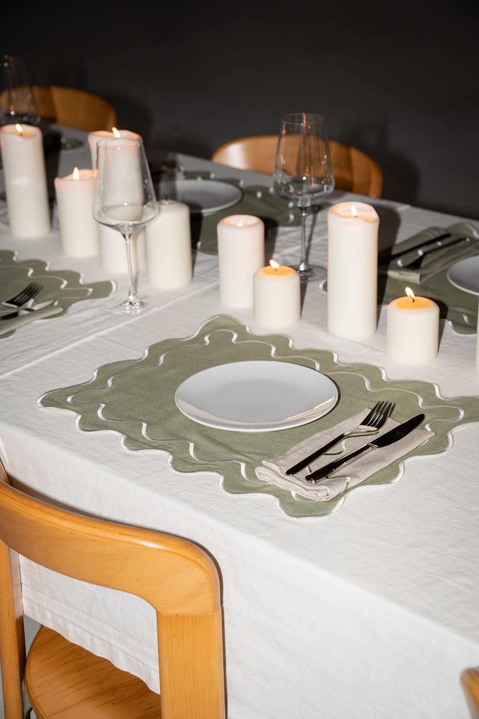 Wavy Linen Napkins Beige/Sage - Set of 2