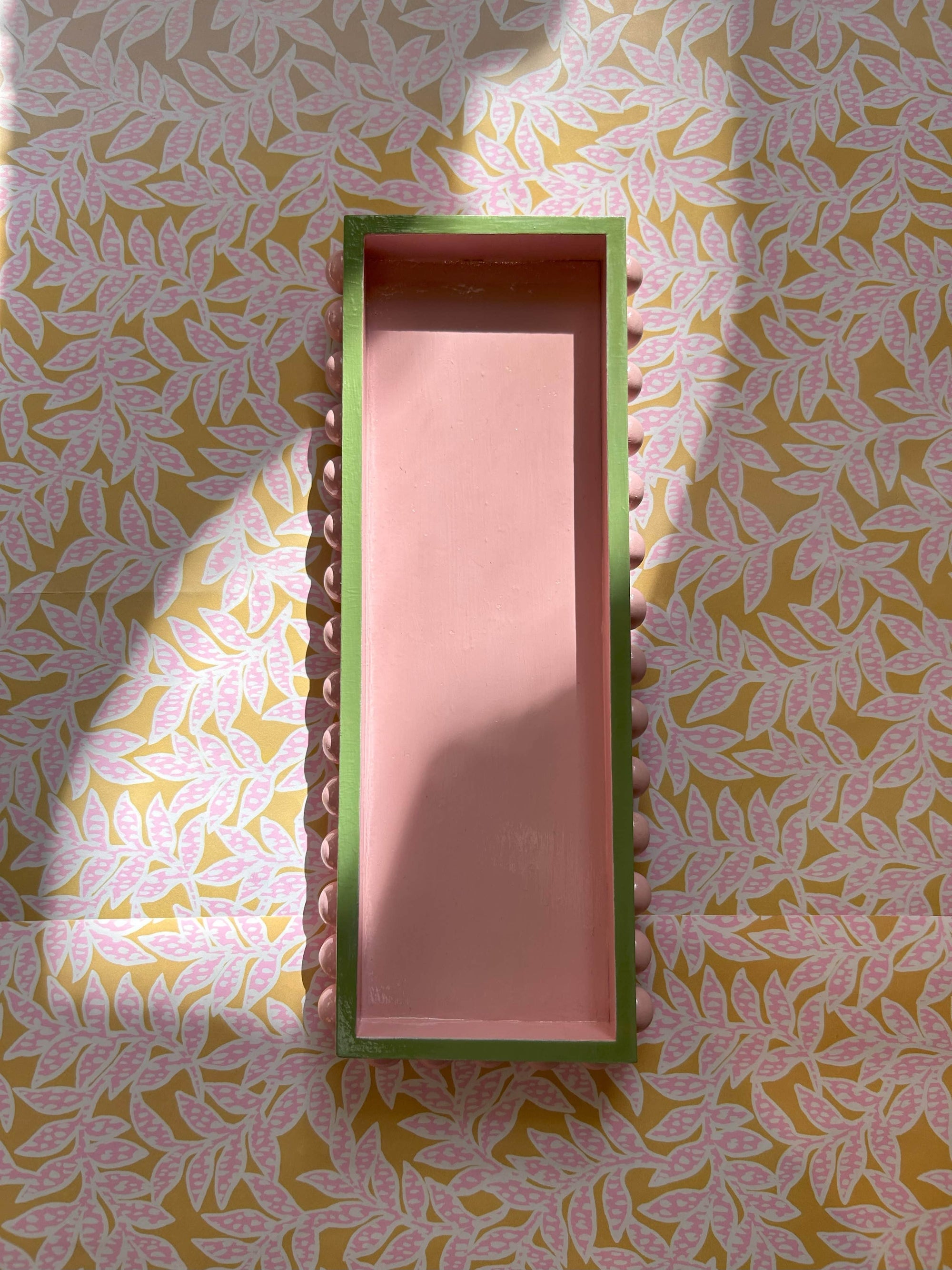 Pink Bobbin Style Decorative Tray with Green Edge