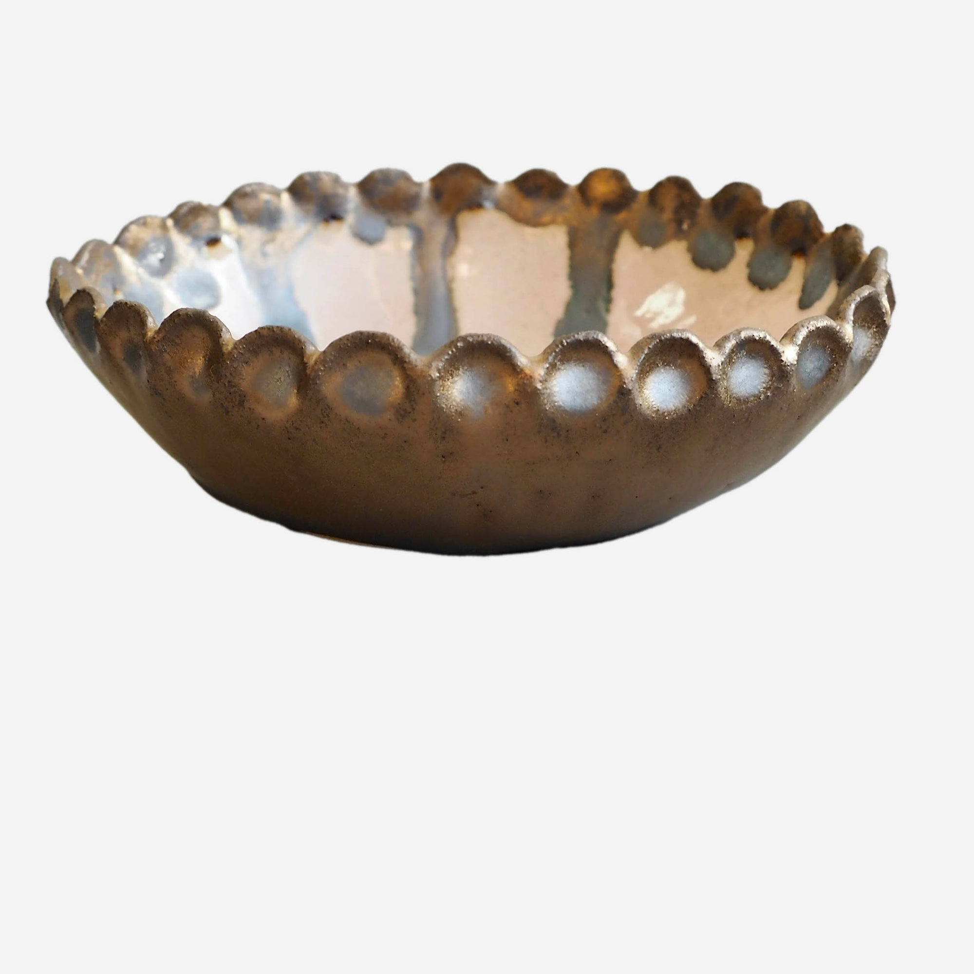 Handmade Pink and Gold Oval Ceramic Soap Dish with Scalloped Top Edge