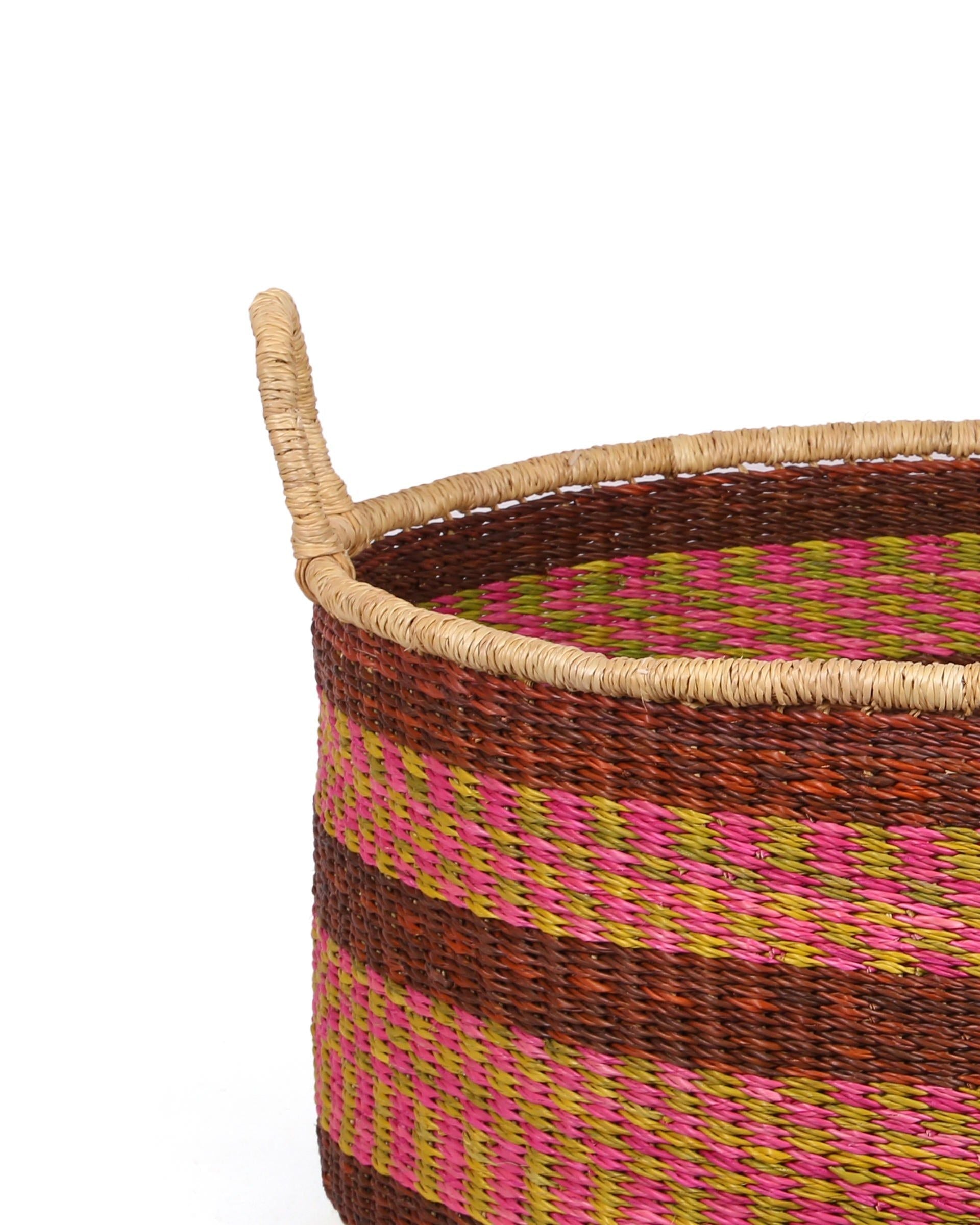 SIKA: Large Pink, Green and Brown Floor Storage Basket with Handles