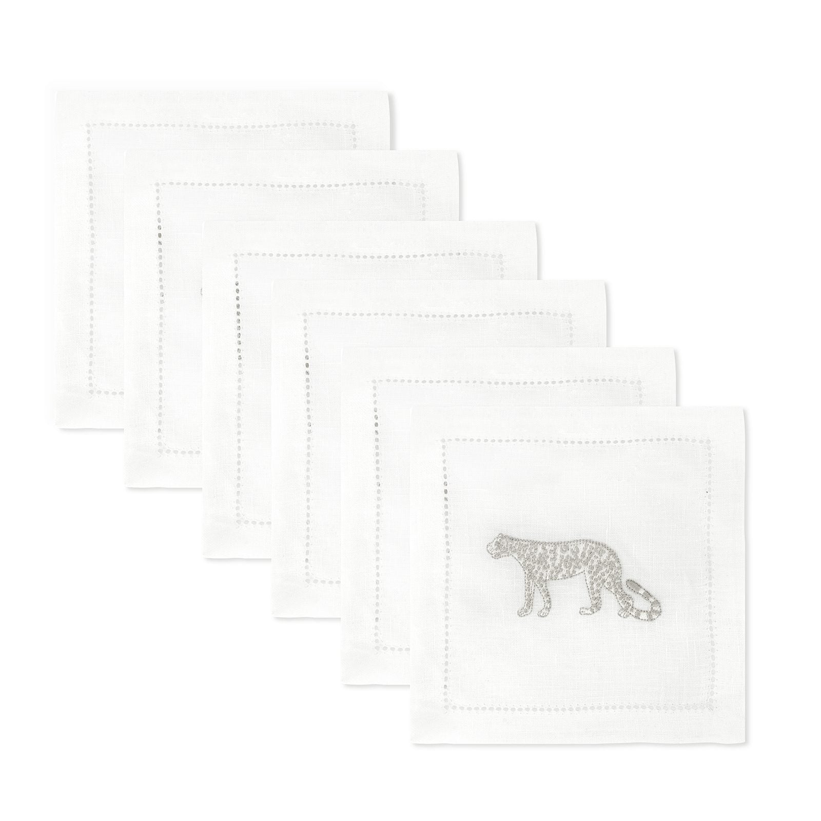 Set of 6 Cocktail Napkins Hemstitch Leopard Embroidery