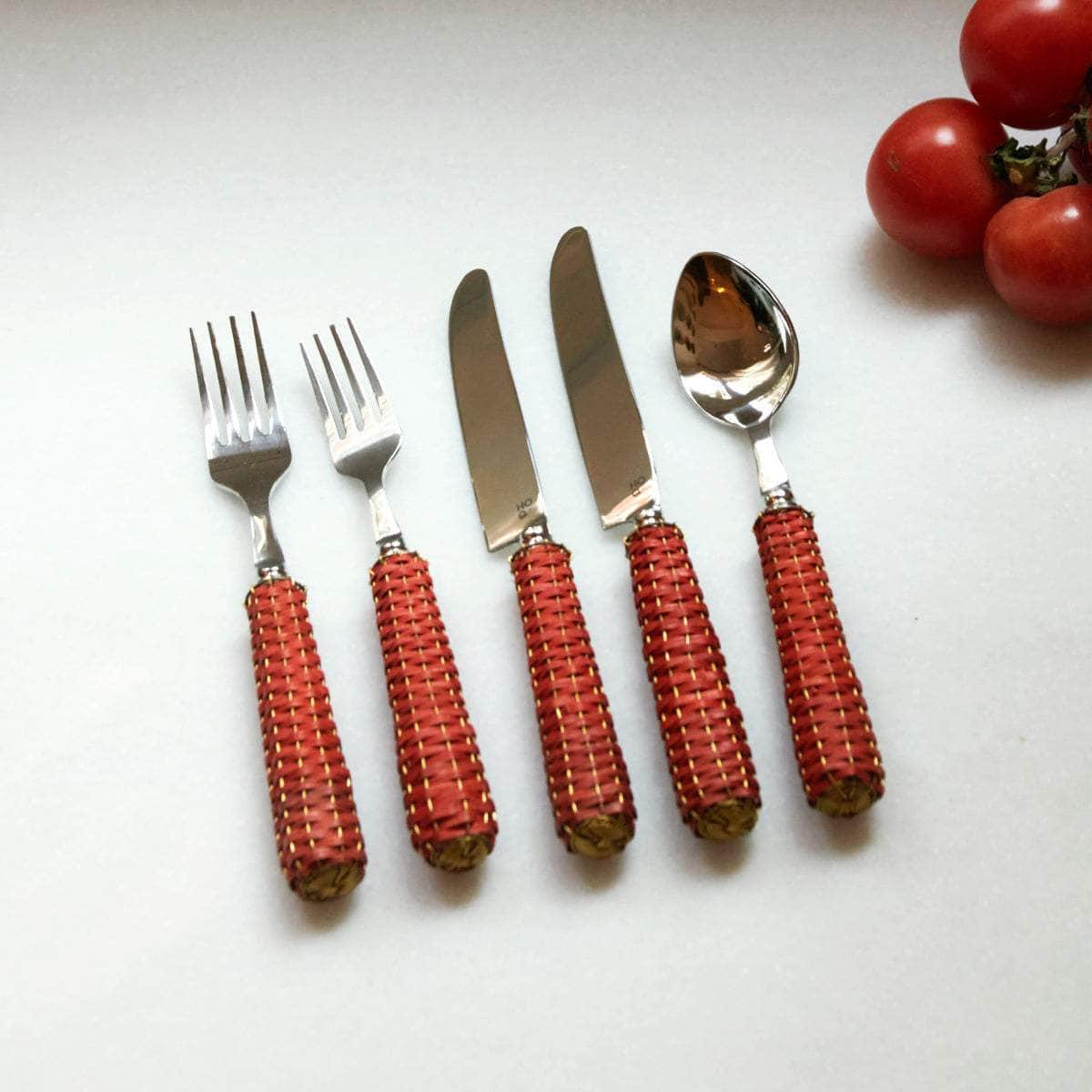 Cutlery Set Red Handwoven Handle