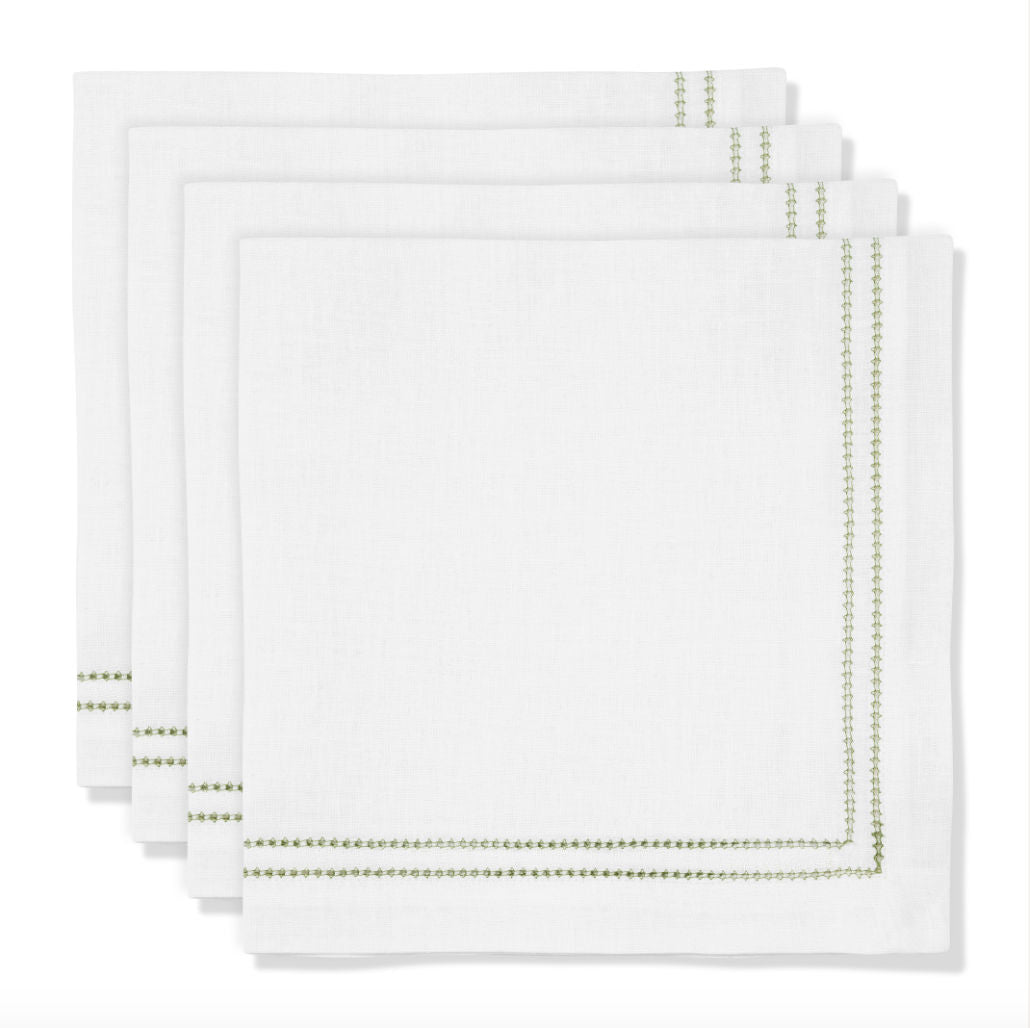 Set of Botanical Green Double Hemstitch Edge Napkins with Ruslan Floral Embroidery