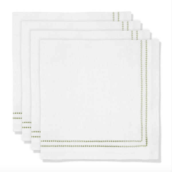Set of Botanical Green Double Hemstitch Edge Napkins with Ruslan Floral Embroidery