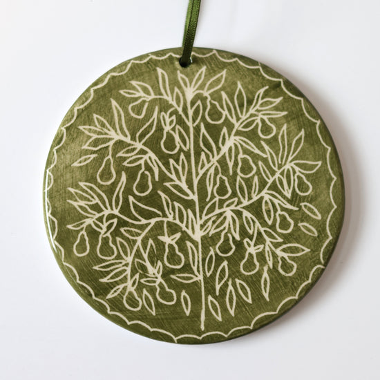 Hand Painted 'Patridge in a Pear Tree' Ceramic Christmas Ornament - Green