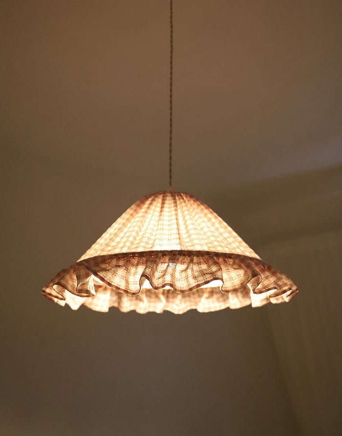 Conical Pendant Light With Ruffle Emilia “Petits Carreaux Rose”