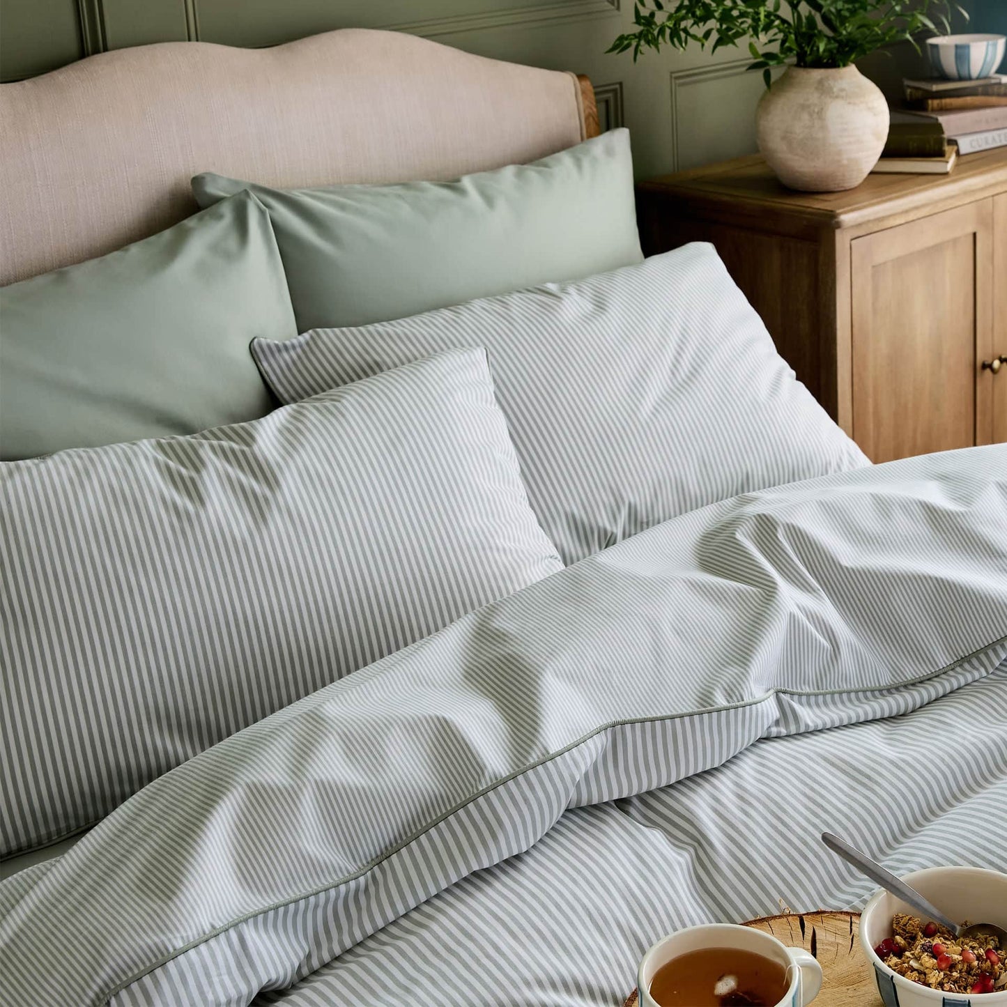 Luxury Organic Cotton Sage Green Striped Duvet Cover
