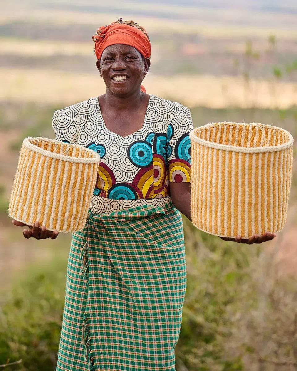 HOTUBA: Gold Pinstripe Woven Storage Basket