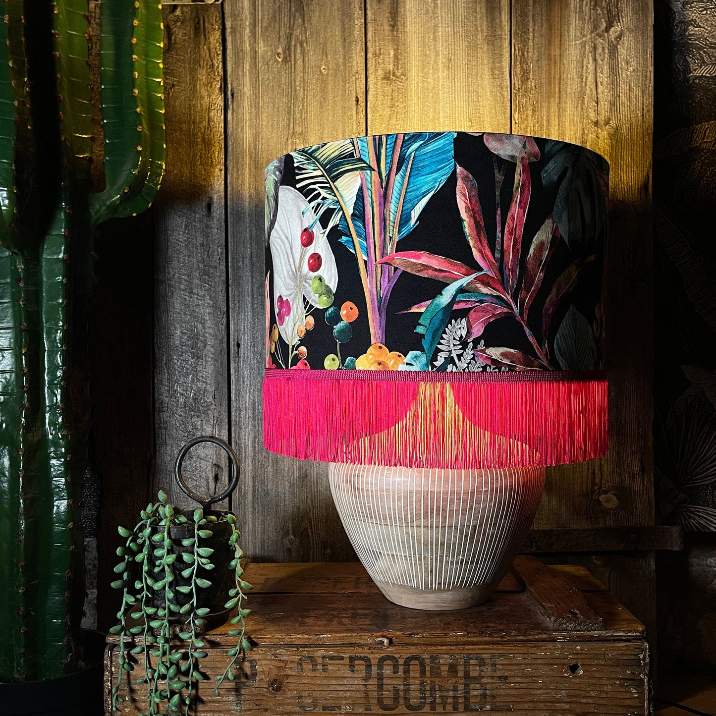 Acid Jungle Lampshade With Gold Lining and Hot Pink Fringing