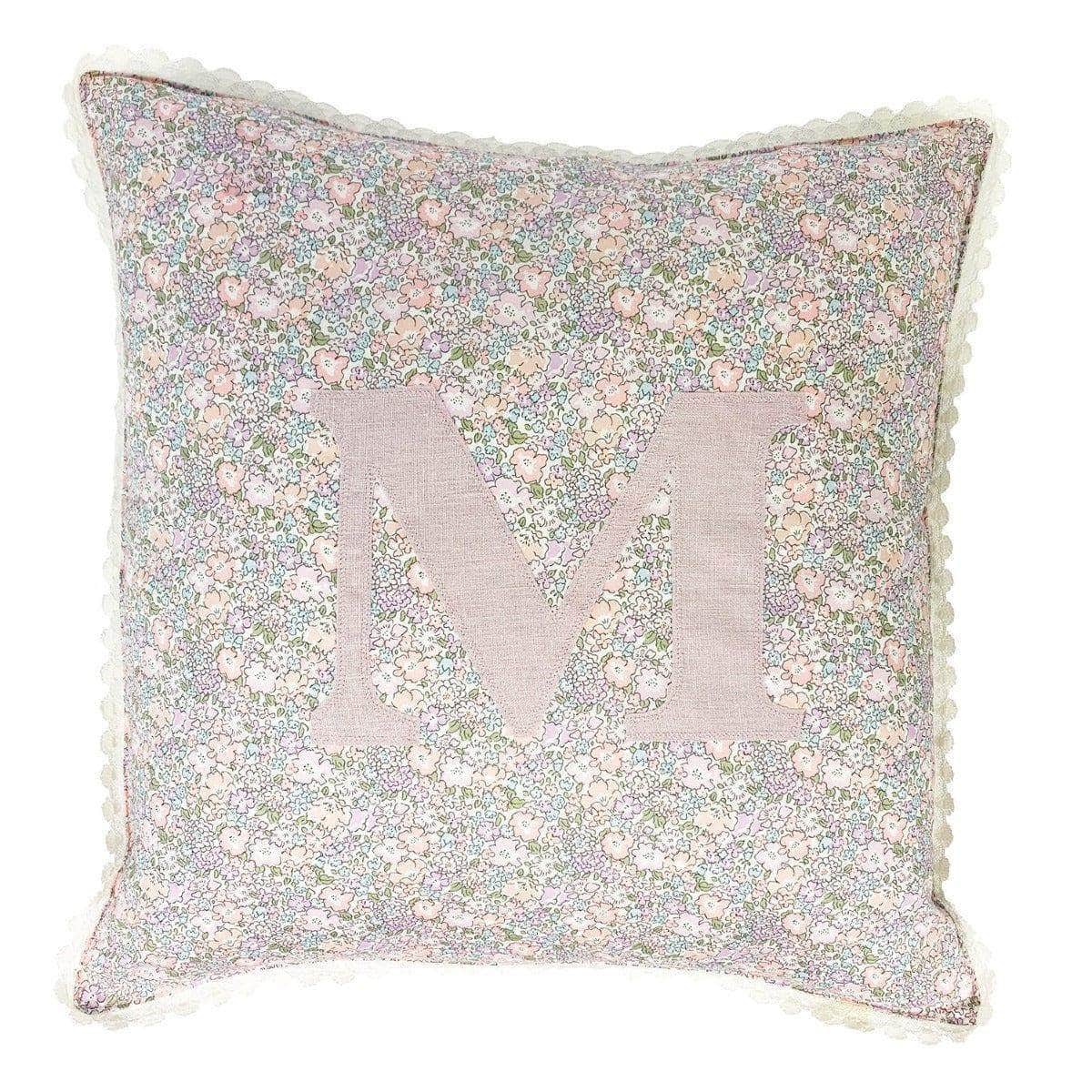 Lace Edge Personalised Cushion Made With Liberty Fabric Michelle Lilac
