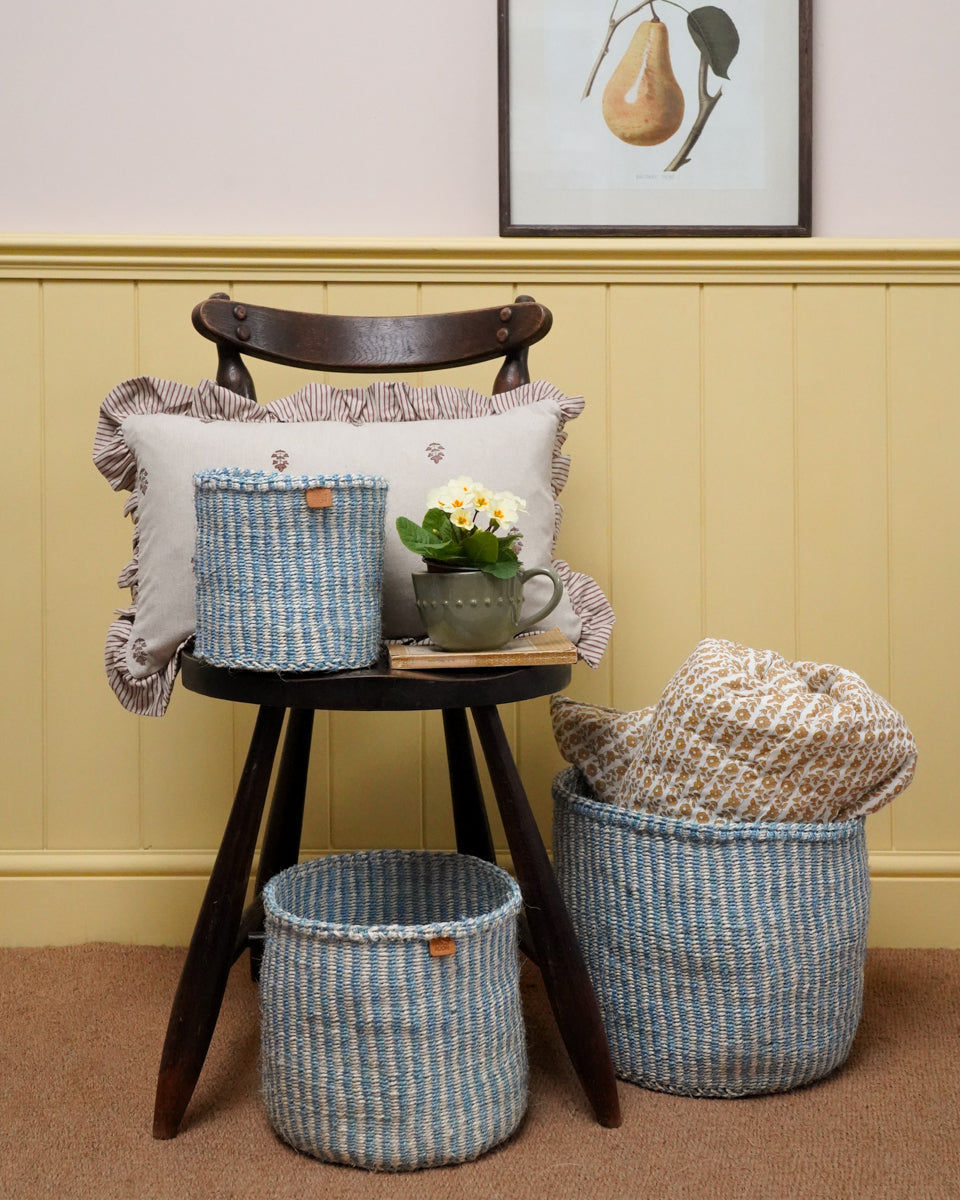 SEMA: Powder Blue and Natural Pinstripe Round Sisal Basket