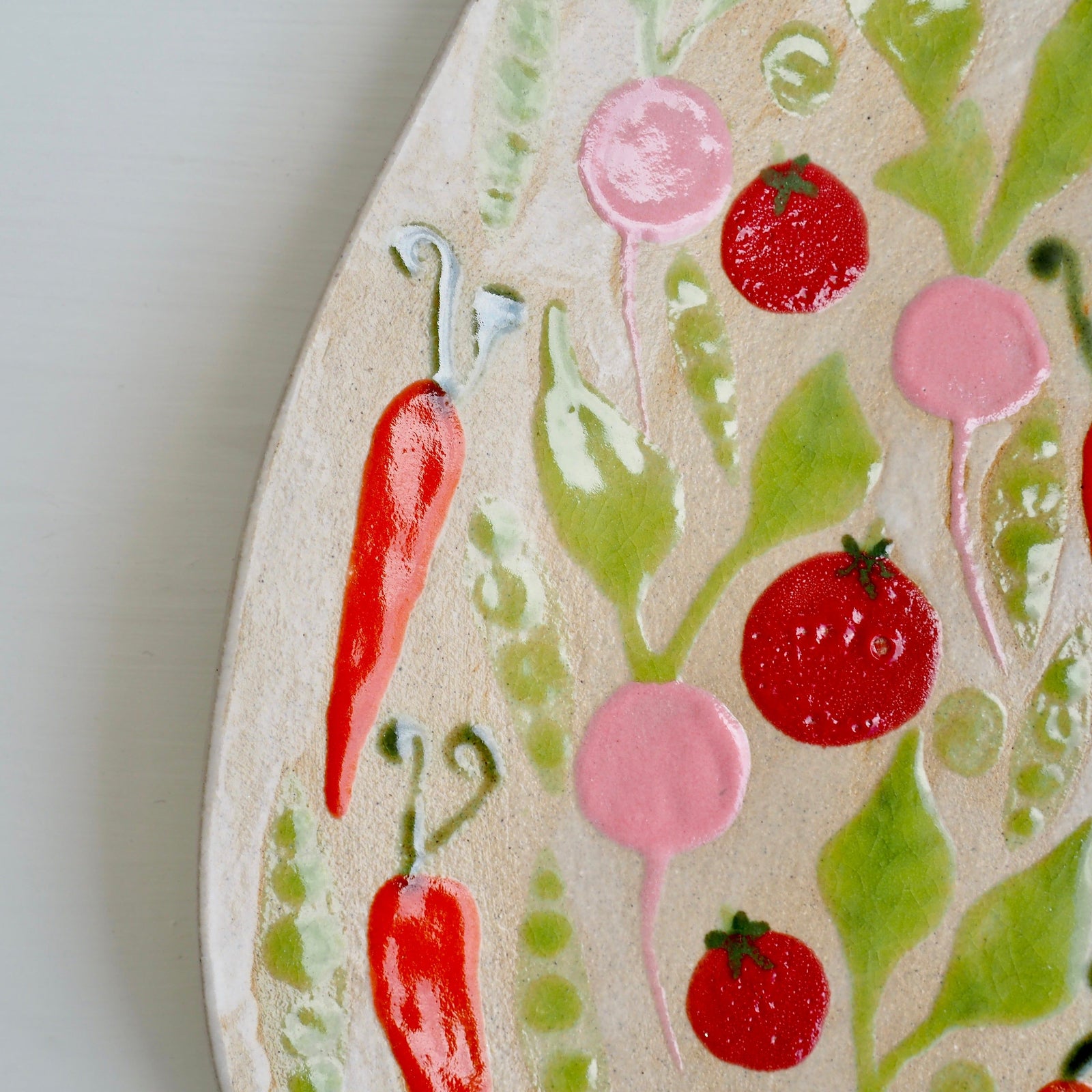 Handmade Ceramic Plate with Carrots Tomatoes Radishes & Peas