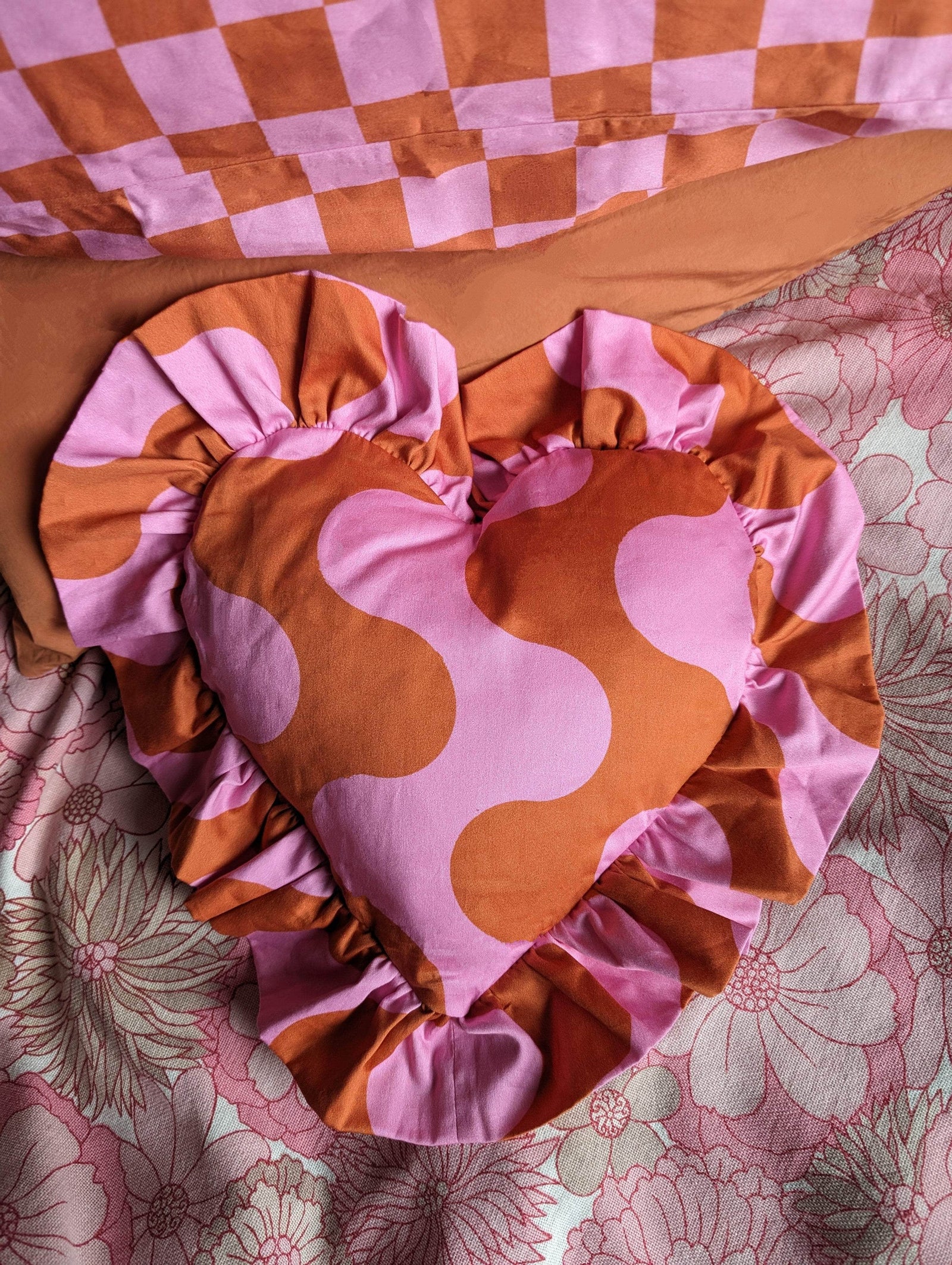 Young Hearts Ruffle Cushion in Dragstrip Disco