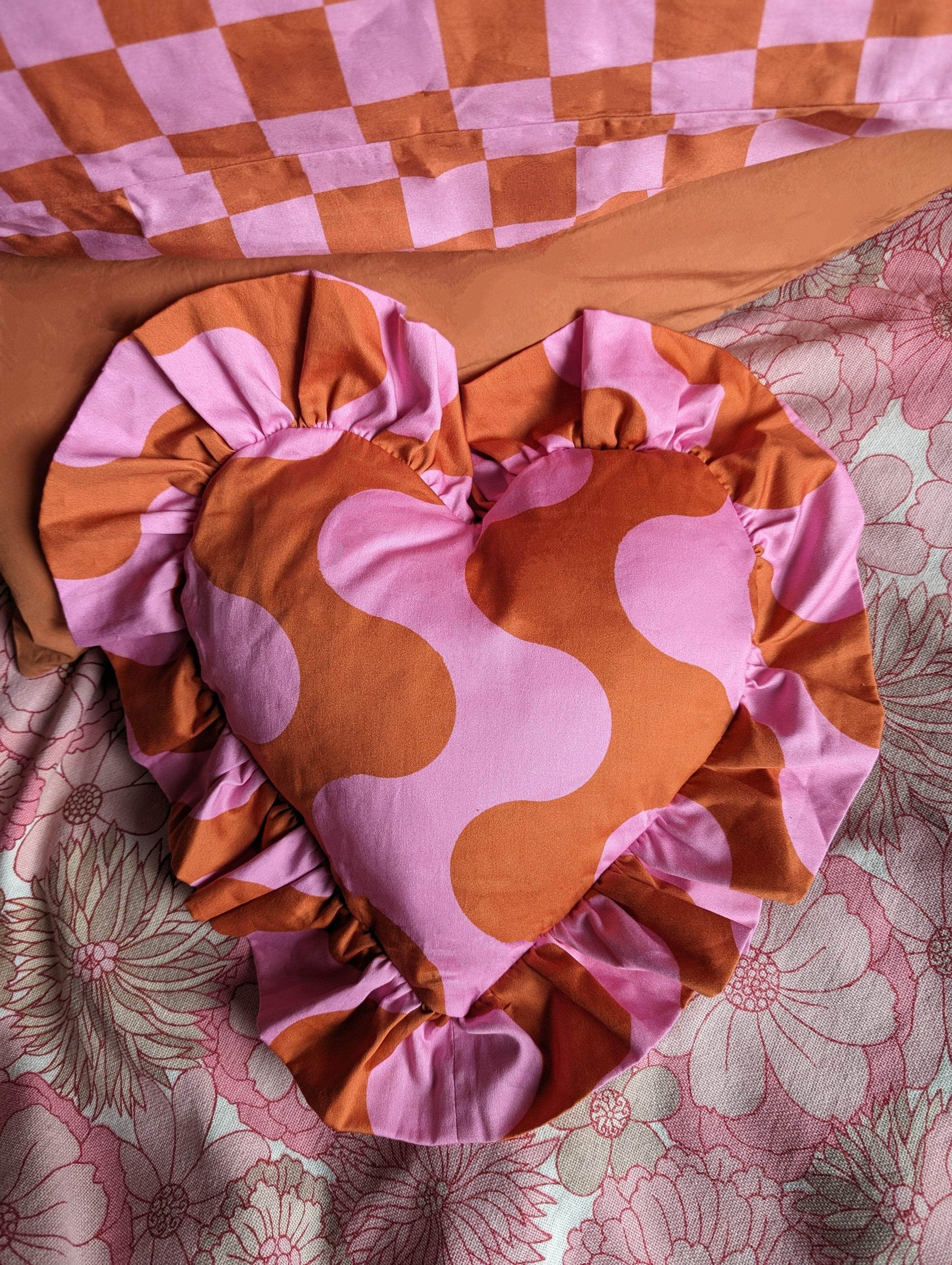 Young Hearts Ruffle Cushion in Dragstrip Disco