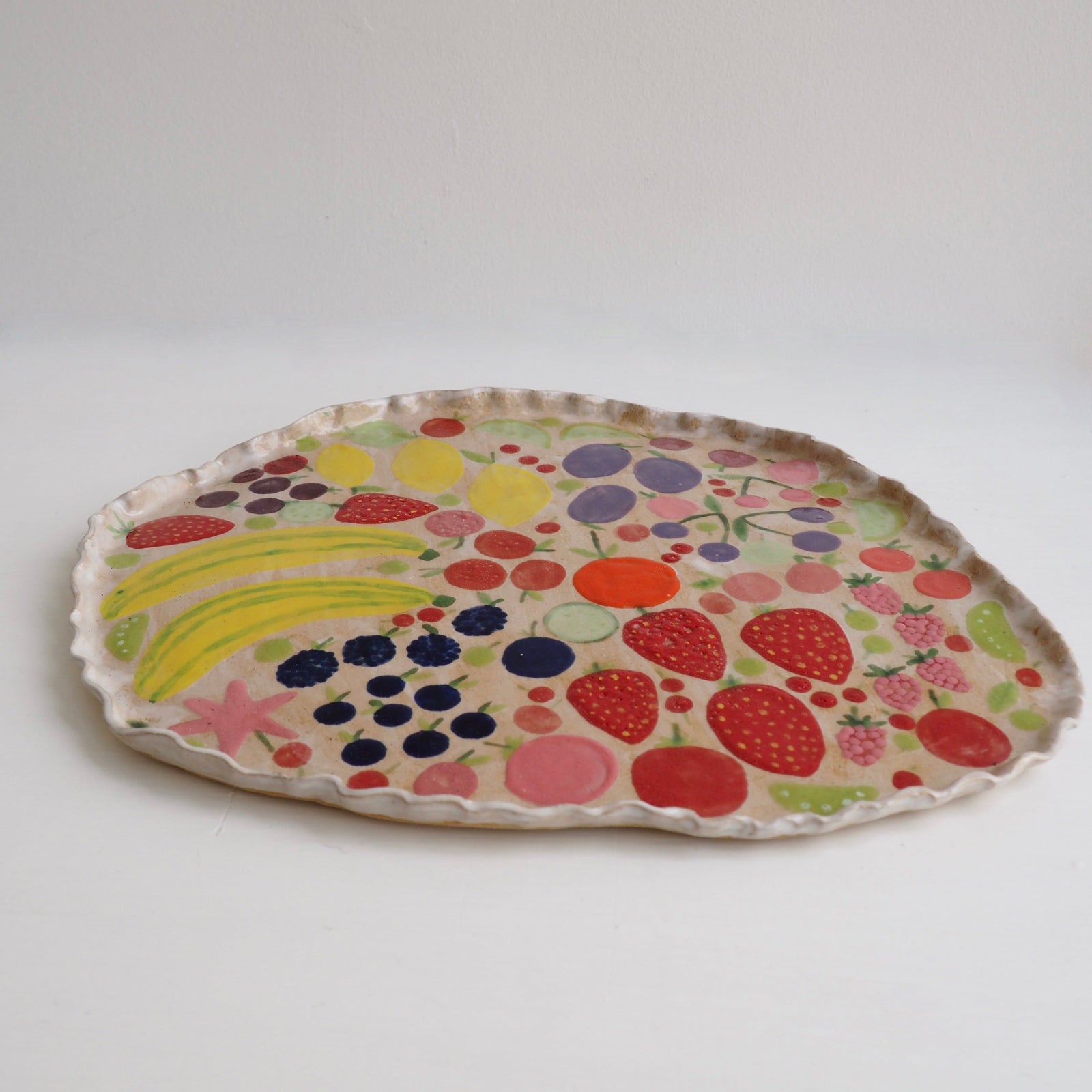 Handmade Ceramic Platter with Fruits and Vegetables & Curvy Top Edge