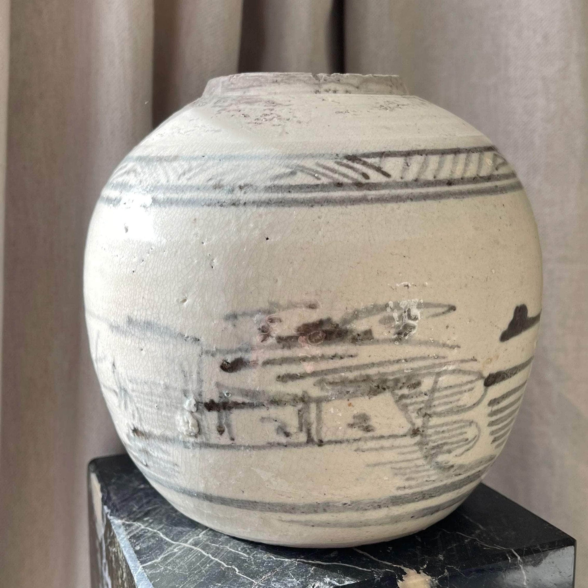 Round White Japanese Style Vase with Black Detailing