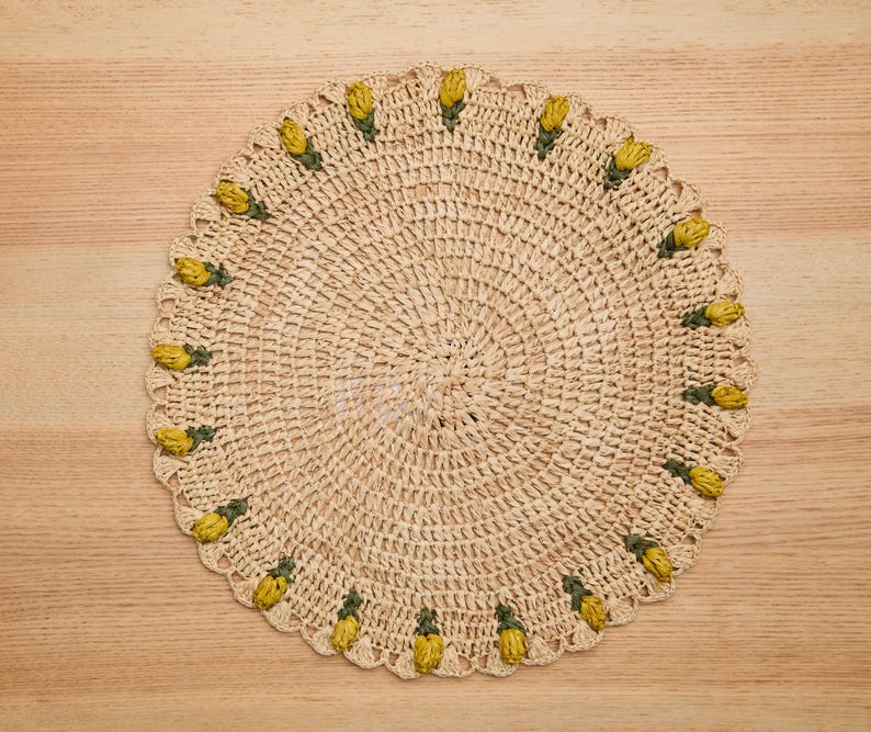 Handmade Tulip Placemat – Raffia Crochet Floral Table Mat