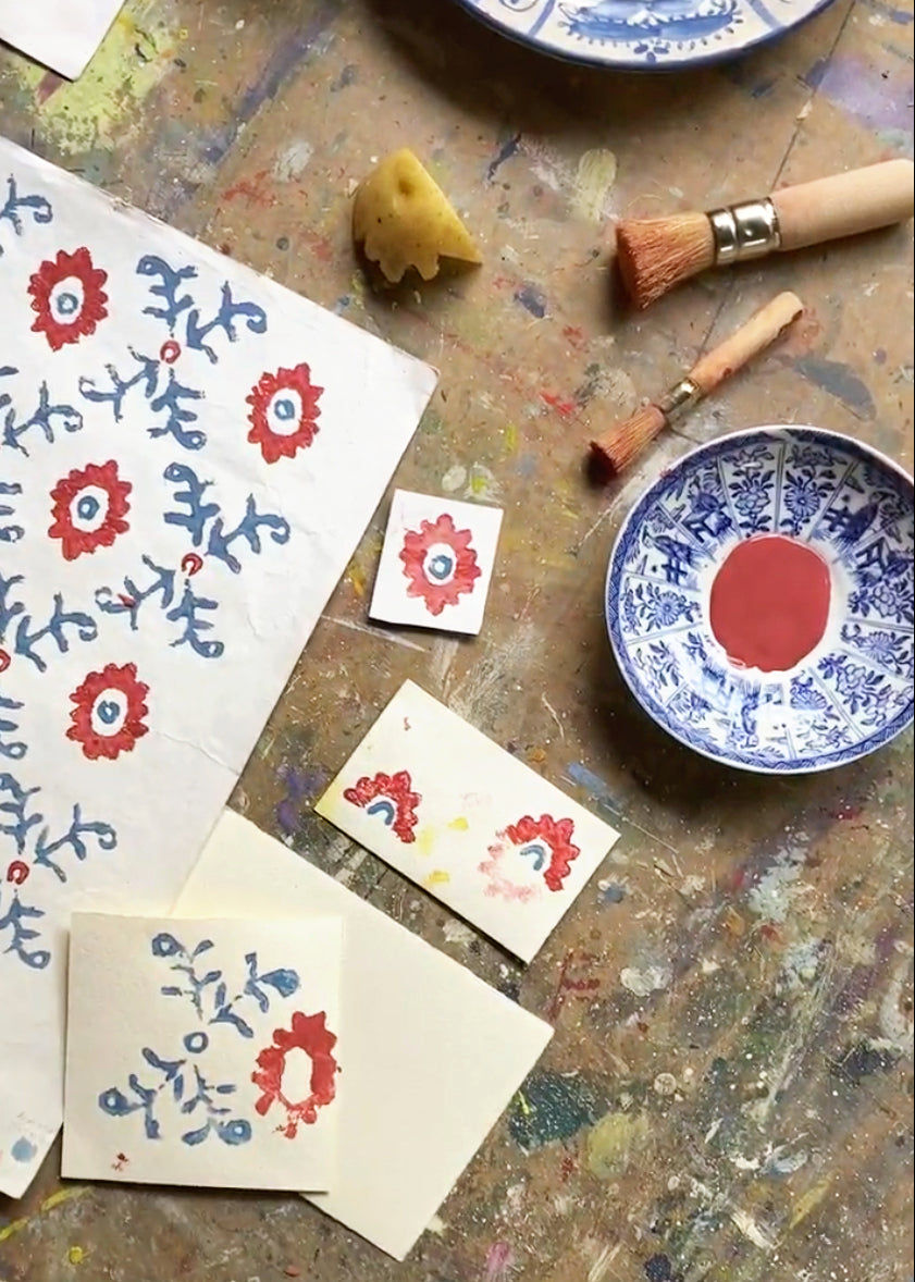 Folk Flower Wallpaper - Red / Blue