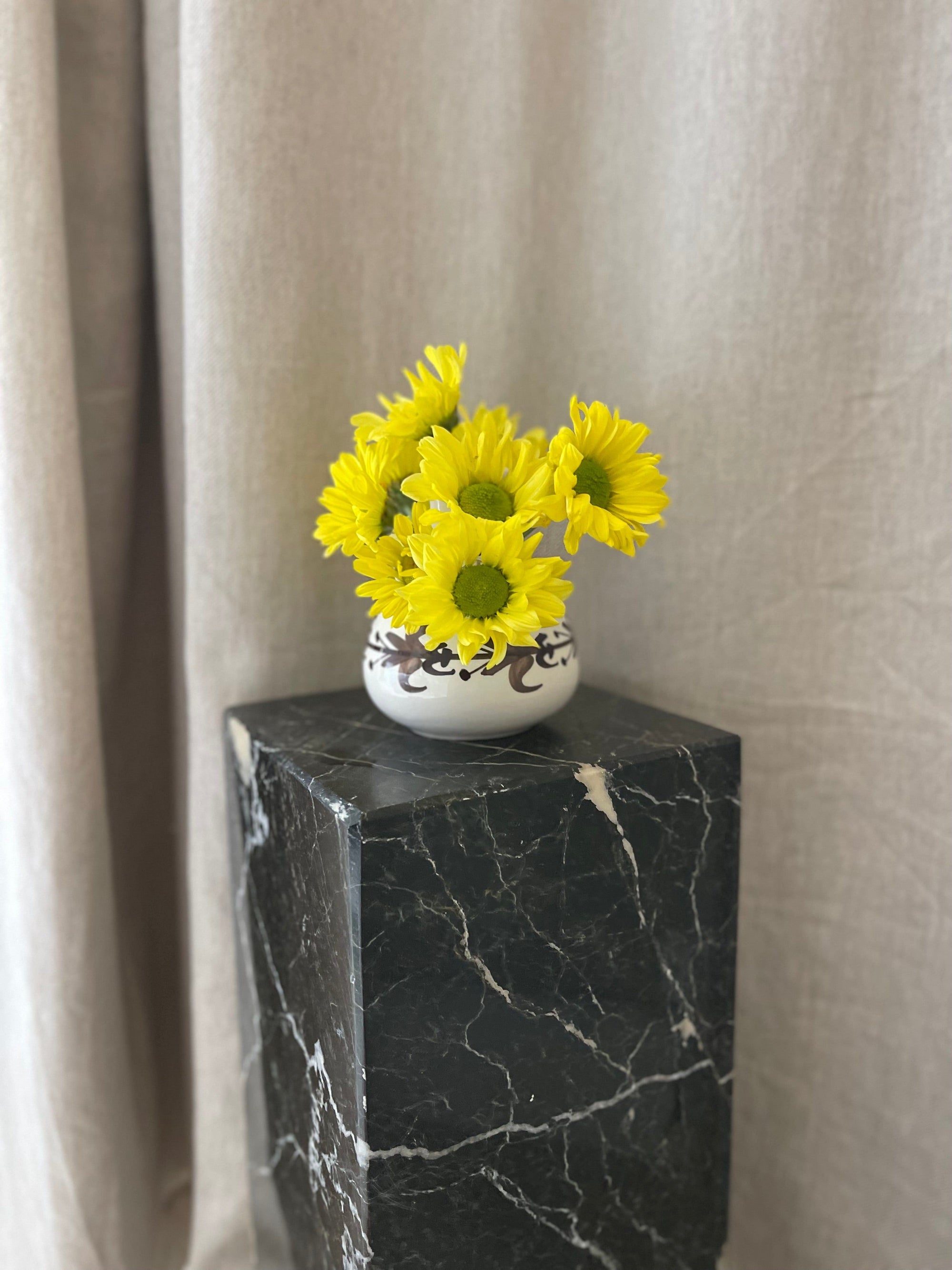 White Ceramic Ikenbana Style Vase with Brown Hand Painted Detailing