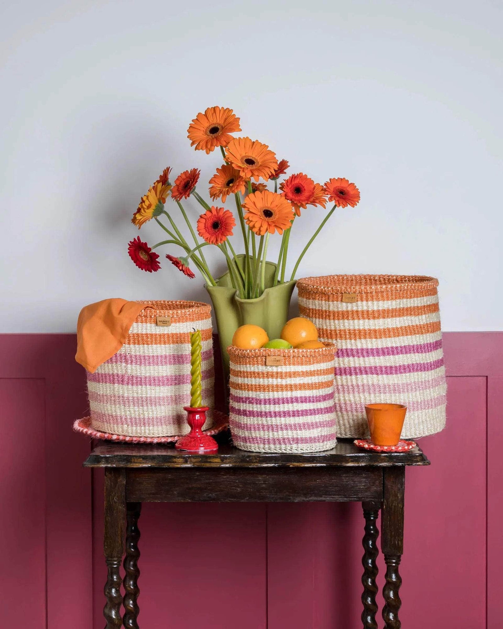 SAFIRI: Orange, Pink & Purple Stripe Woven Storage Basket