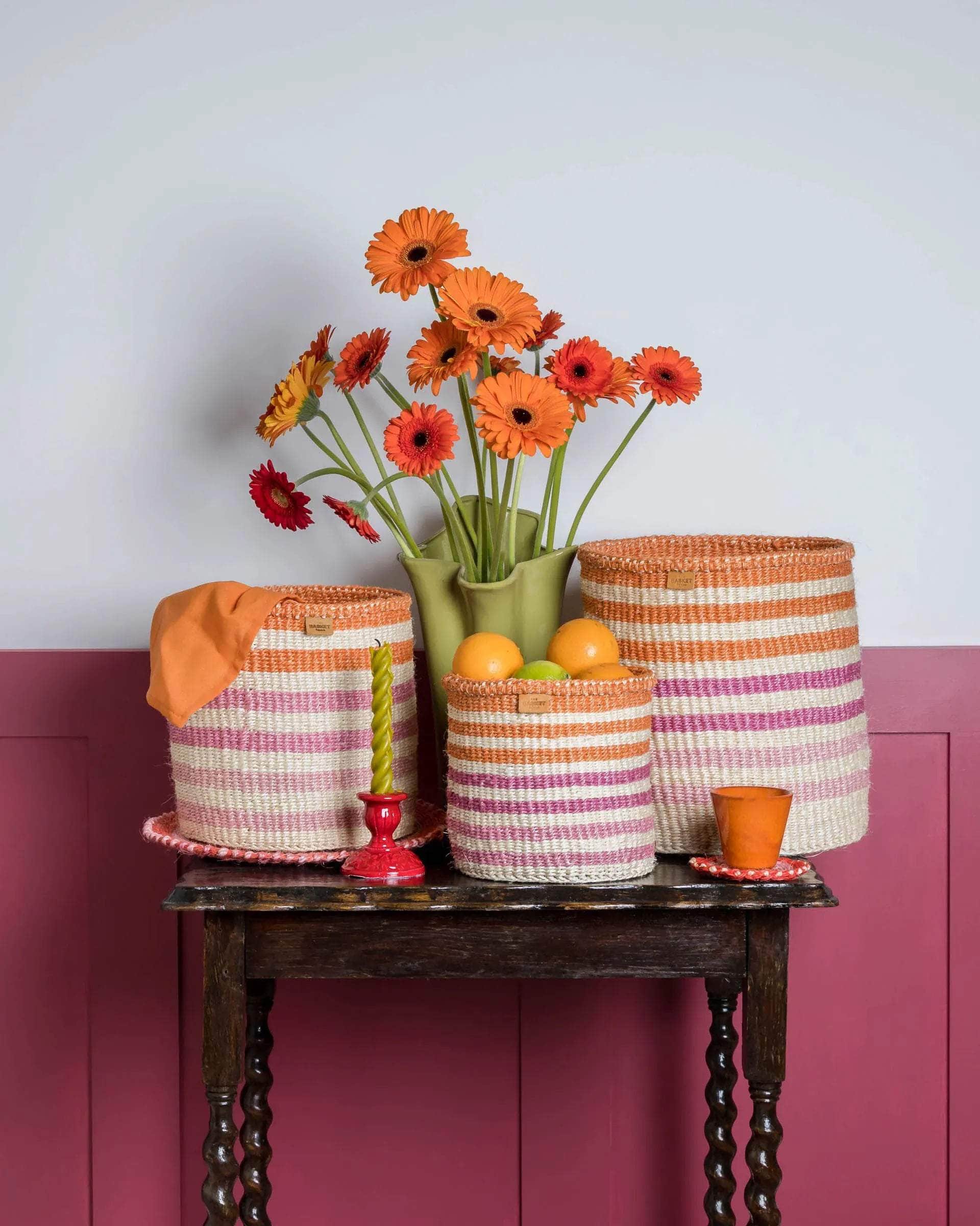 SAFIRI: Orange, Pink & Purple Stripe Woven Storage Basket