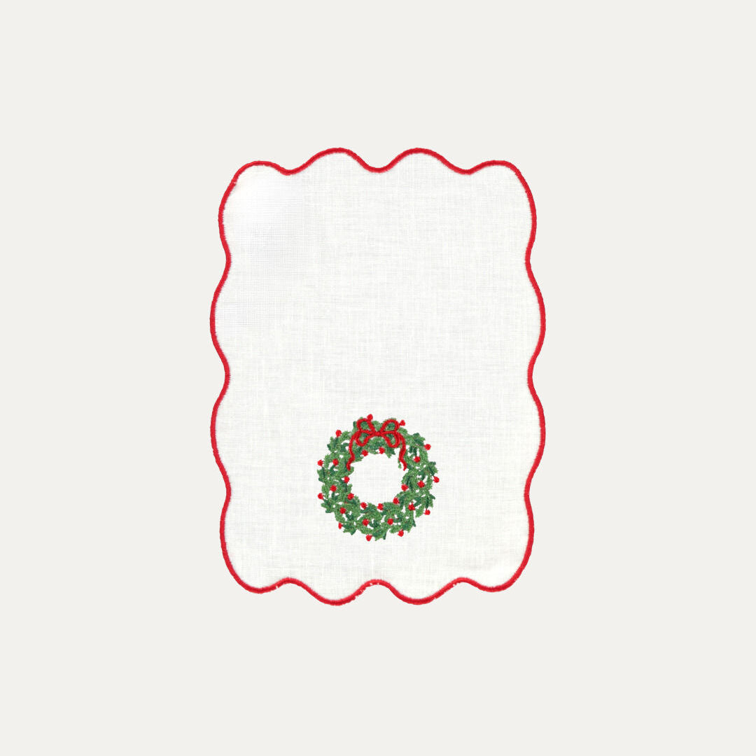 White Palm Cocktail Napkin, Christmas Wreath