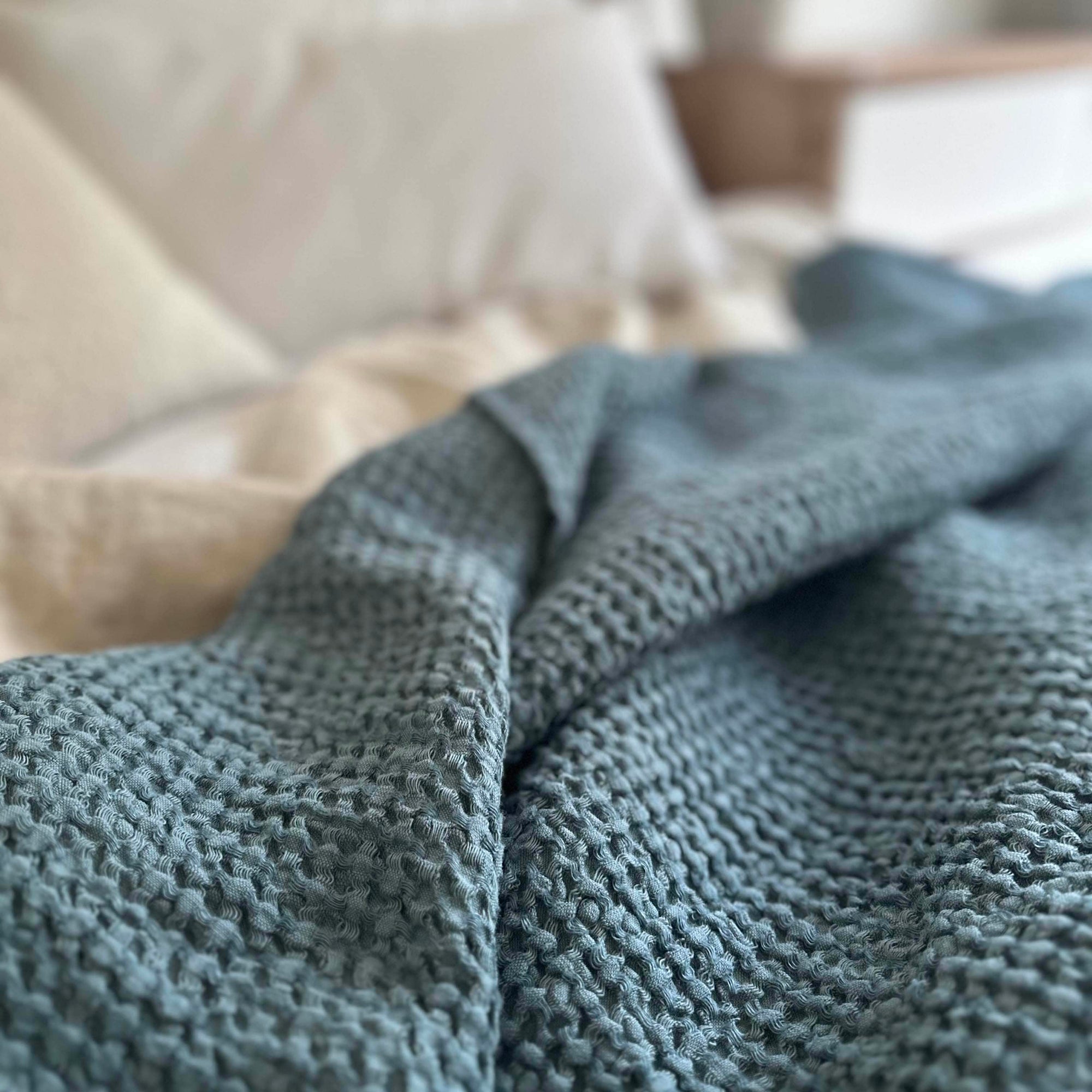 Mya Linen Waffle Blanket Slate Blue OEKO-TEX Certified