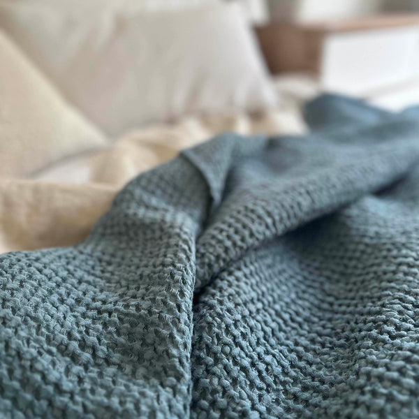 Mya Linen Waffle Blanket Slate Blue OEKO-TEX Certified