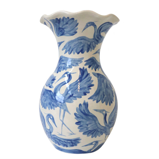Herons Hand Painted Scalloped Vase - Blue
