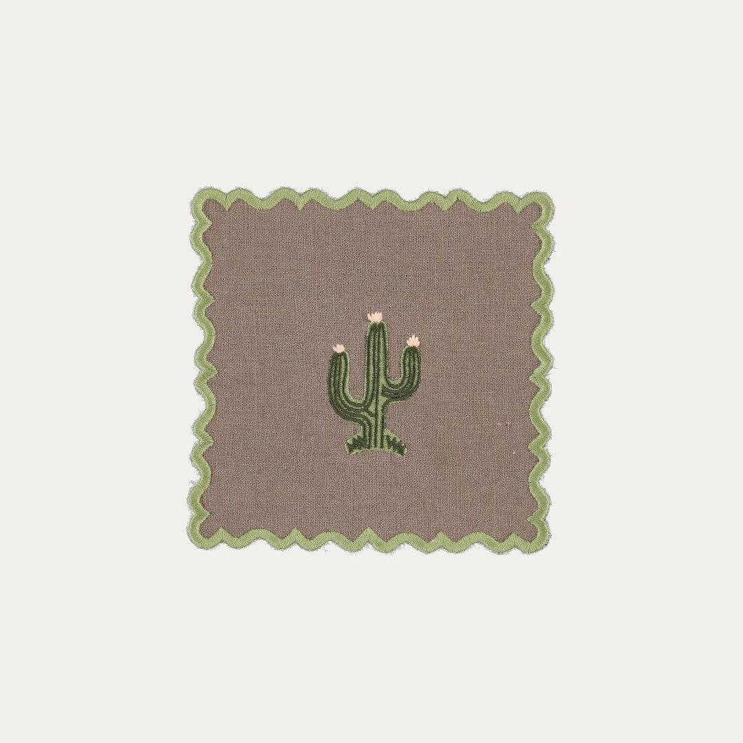 Scalloped Brown Cocktail Napkin with Cactus