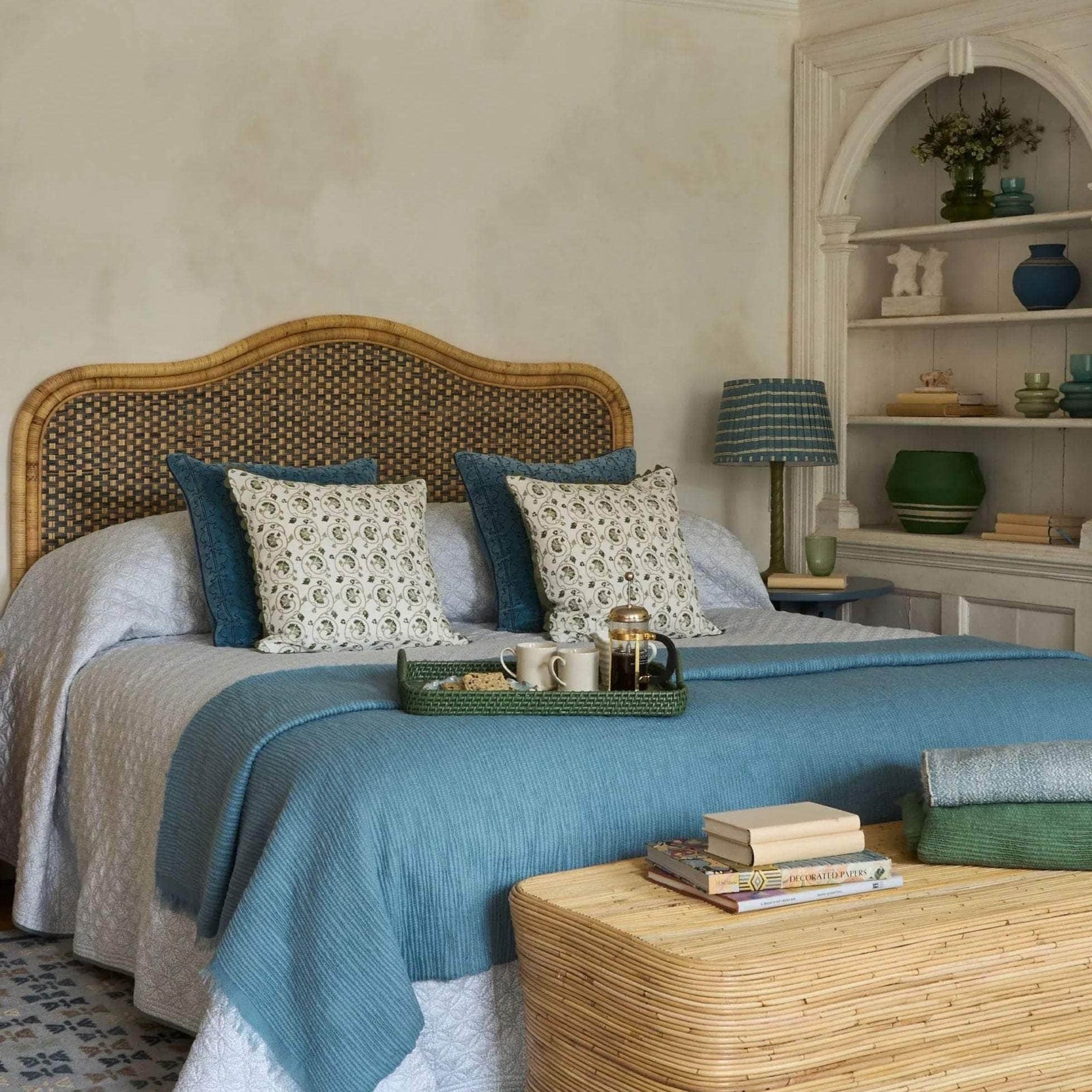 Super King Rattan Headboard - Blue