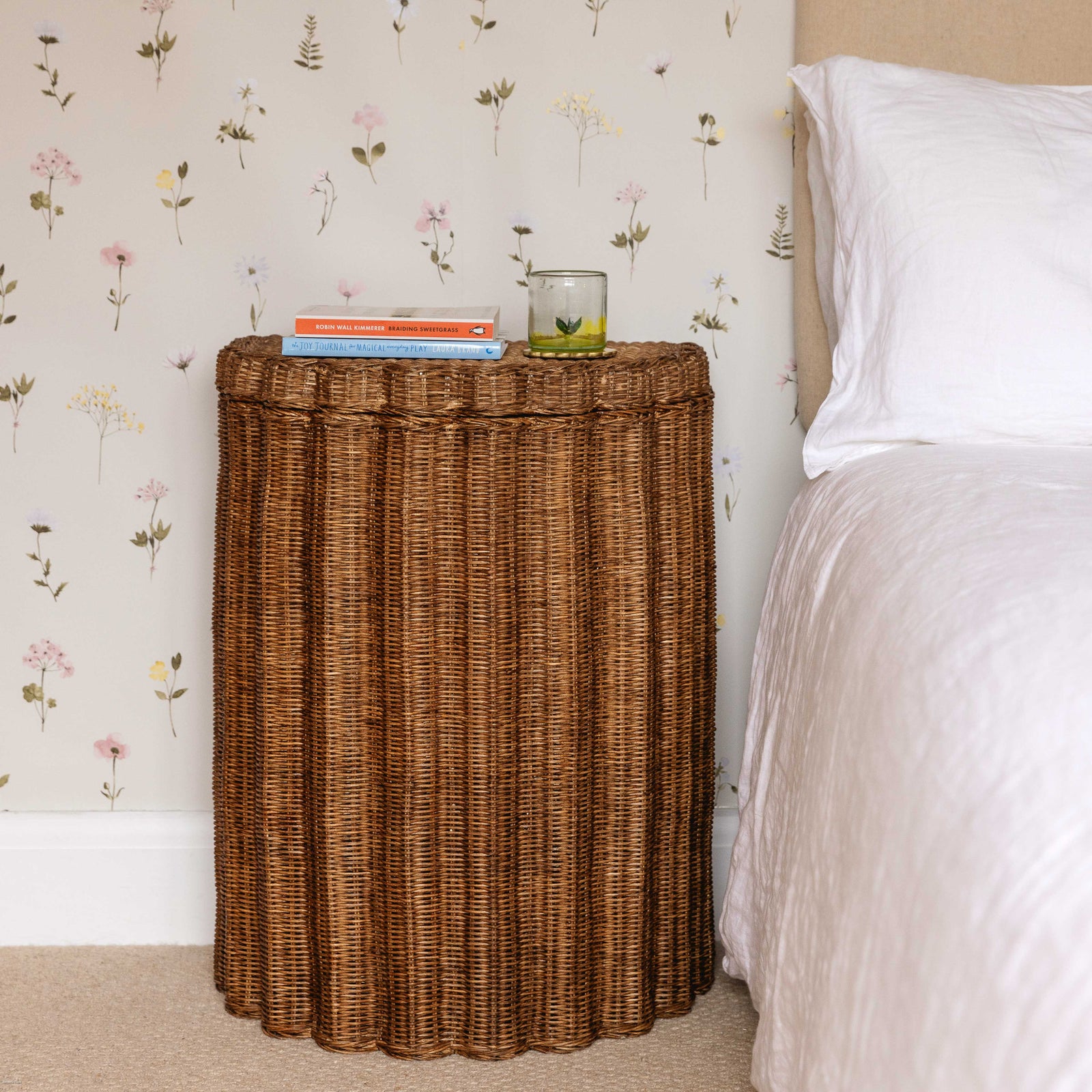 Shell Rattan Side Table, Oak