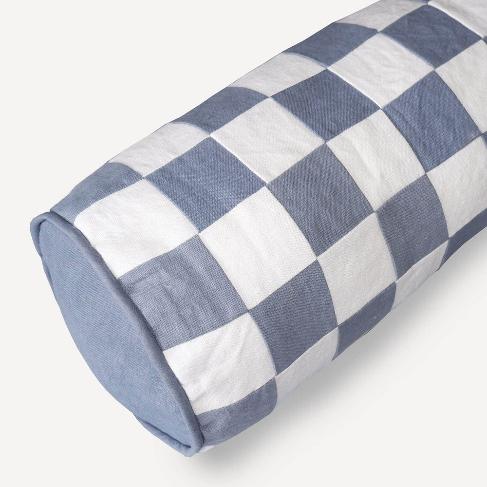 Chequered Bolster Cushion in Blue