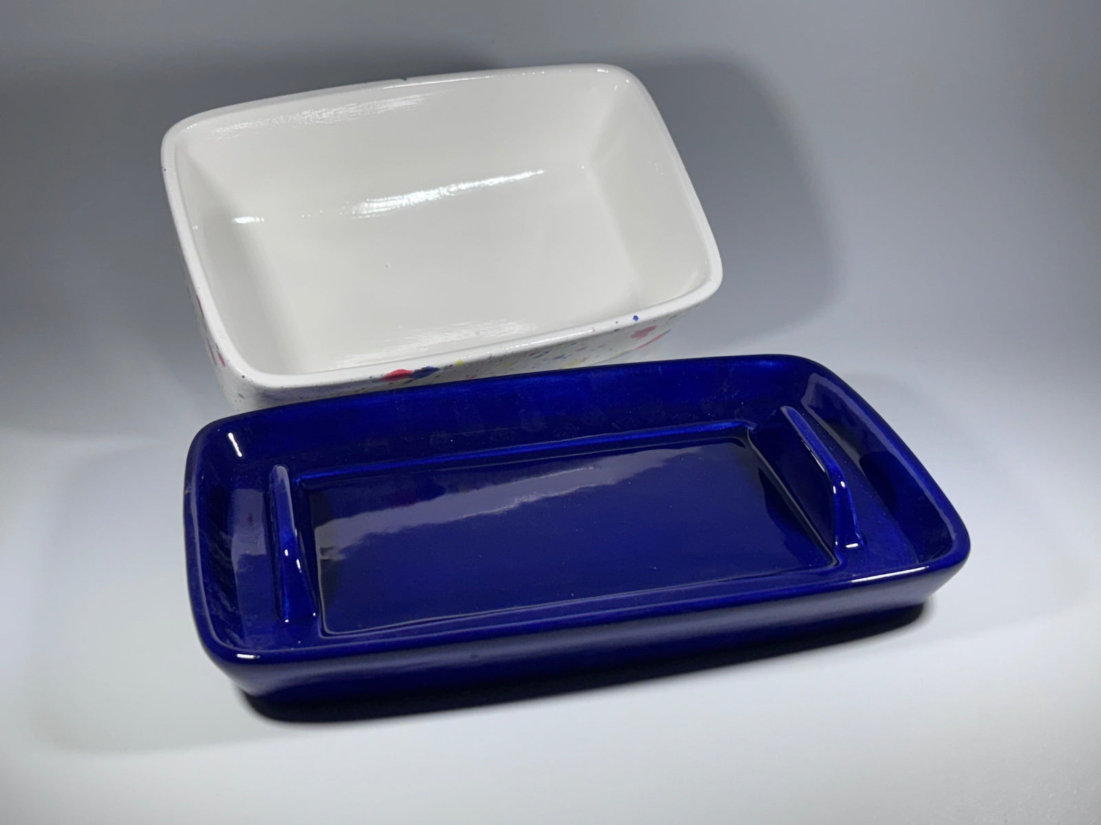 Royal Blue Butter Dish with Yellow Lid and Handle