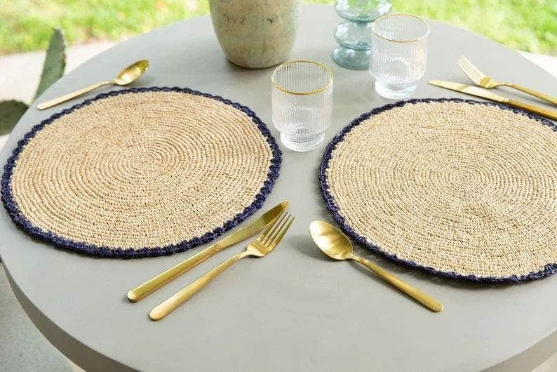 Handwoven Aura Blue Edge Placemat - Rustic Woven Raffia Tabletop Decor