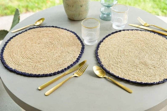 Handwoven Aura Blue Edge Placemat - Rustic Woven Raffia Tabletop Decor