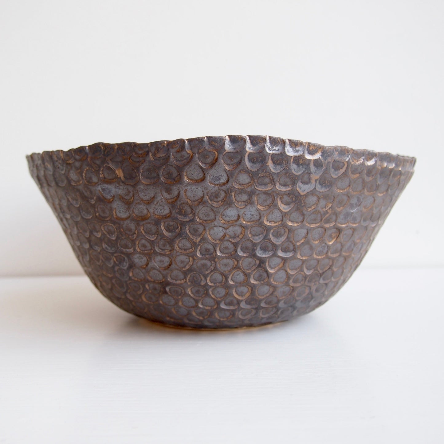 Handmade Satin White and Black/Gold Textural Ceramic Fruit Bowl