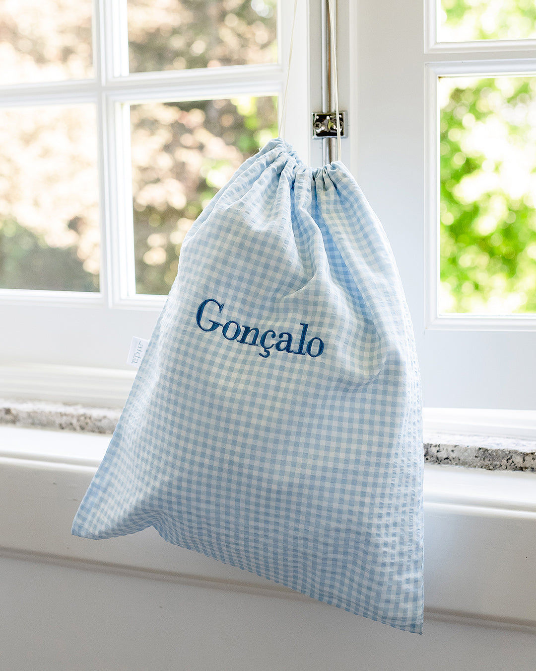 Personalised Blue Gingham Drawstring Bag