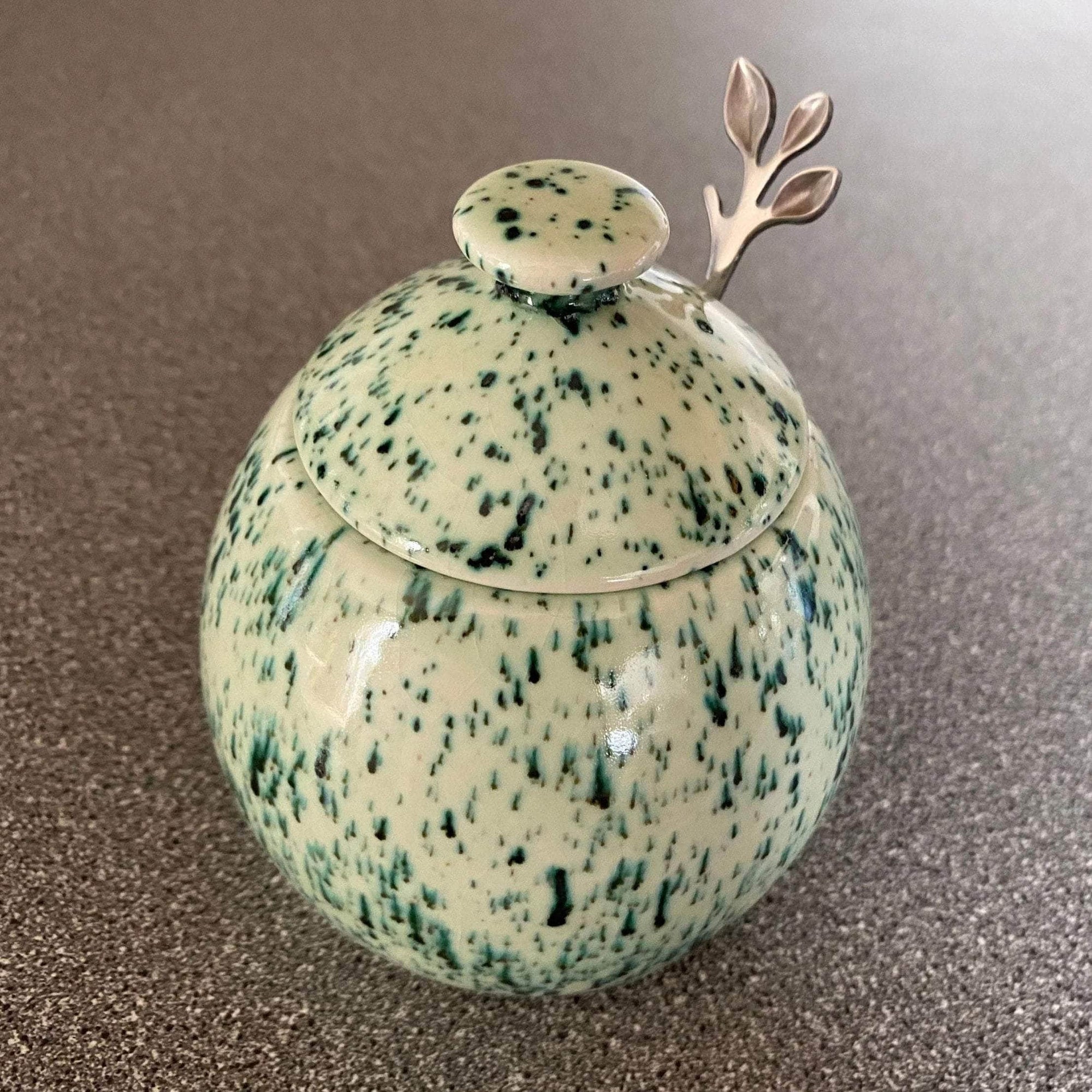 Sugar Bowl with Silver Leafy Spoon Speckled Green Glaze