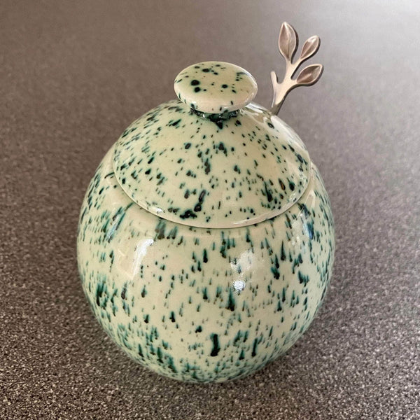 Sugar Bowl with Silver Leafy Spoon Speckled Green Glaze
