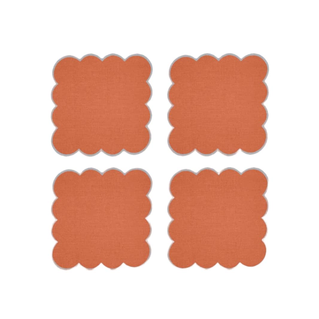 Zero-Waste Scalloped Linen Cocktail Napkins Tangerine - Set of 4