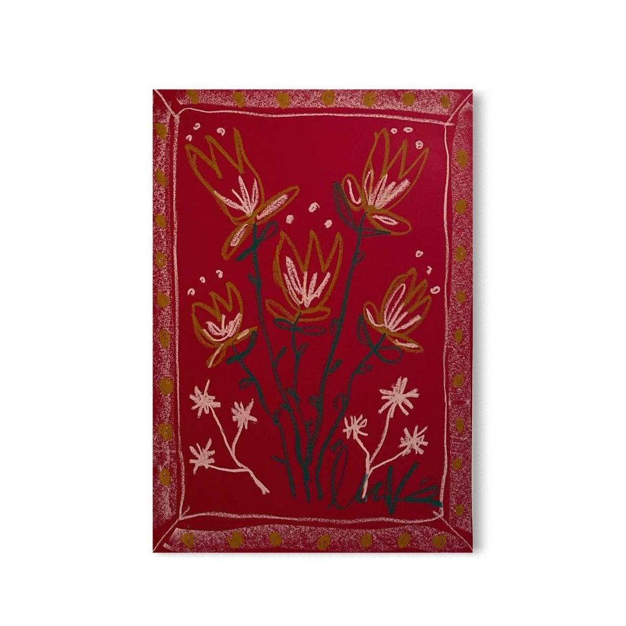 Pink, Yellow Florals on Red Background | Original Painting A3