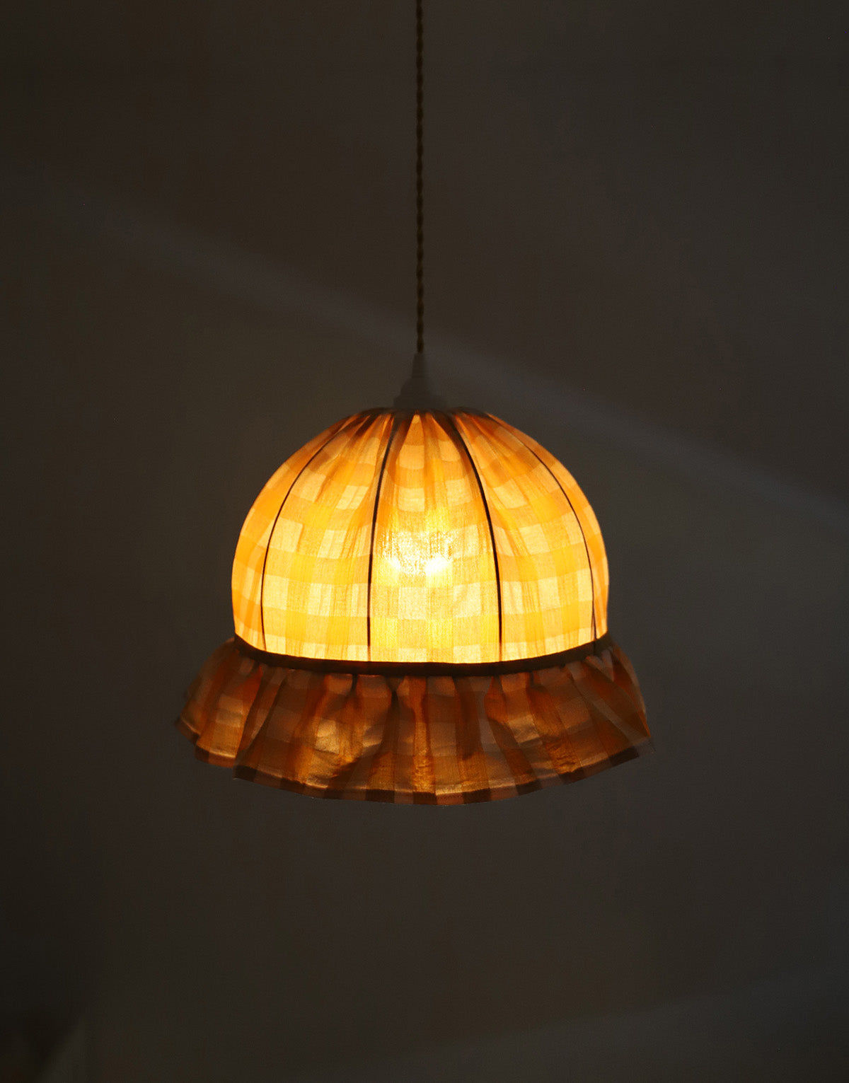 Vintage Dome Pendant Light with Ruffles in Mustard Gingham Print