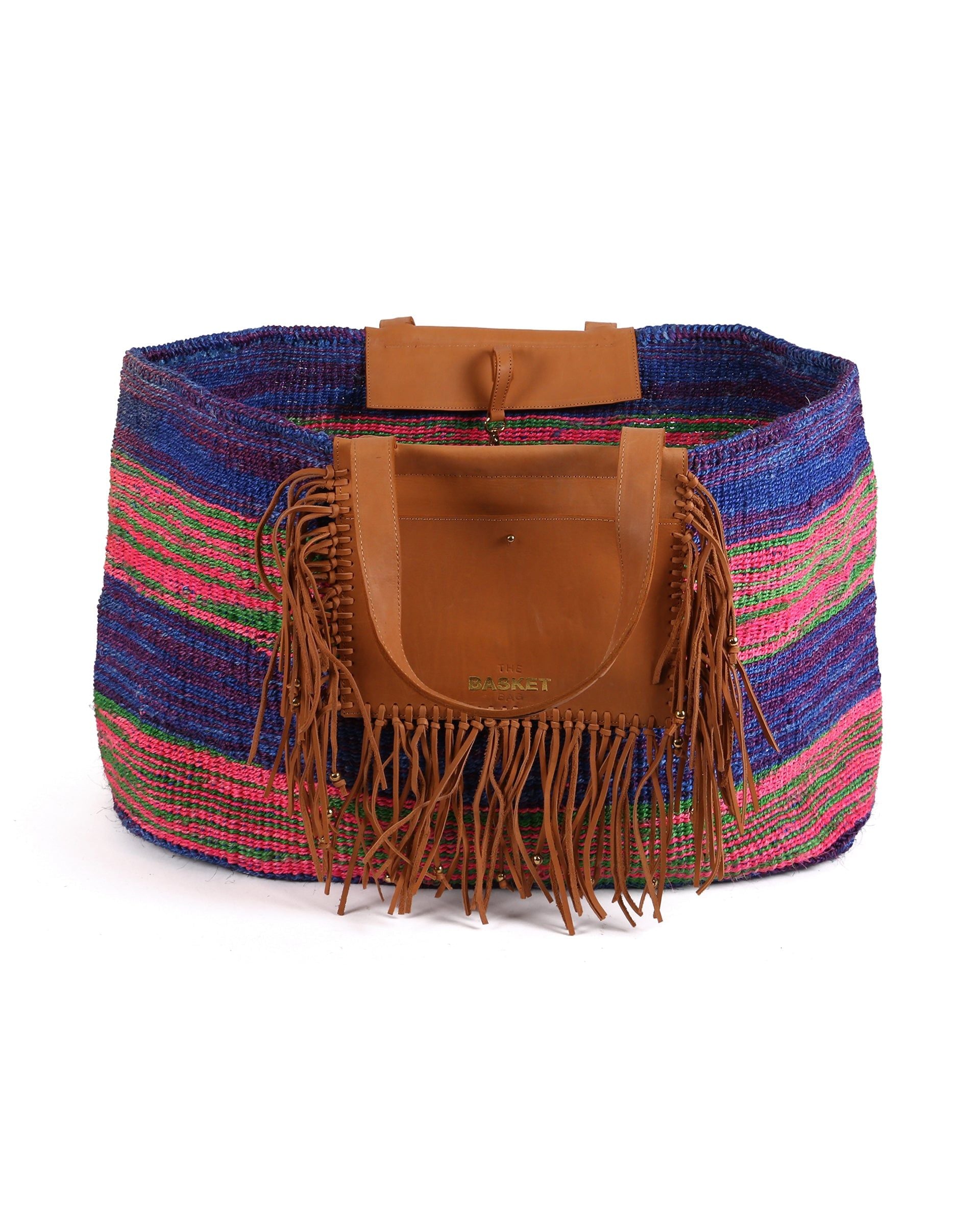 MAWINGU: Blue, Pink and Green Woven Weekend Bag