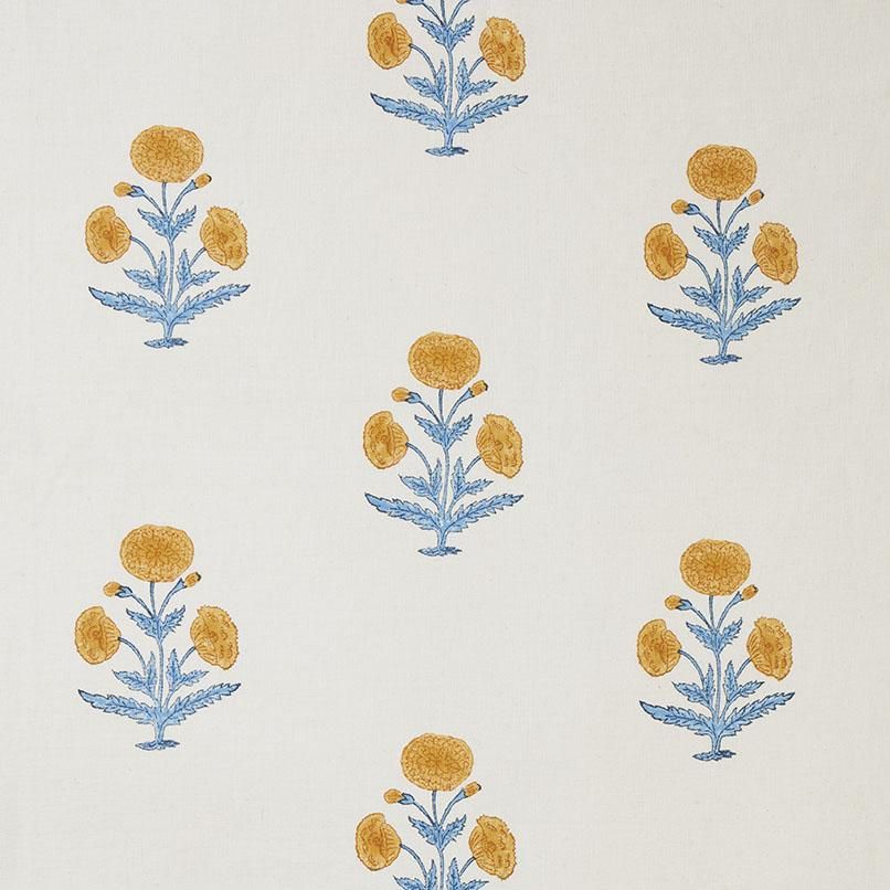 Poppy Block Printed Fabric Linen Mustard/Sky