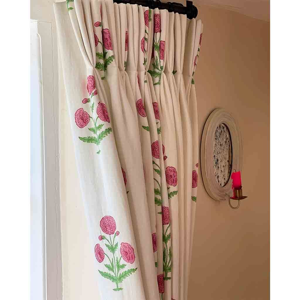 Poppy Block Printed Fabric Linen Rose/Grass