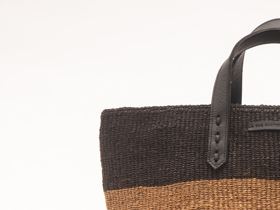 HIMIZA: Black & Khaki Sisal and Leather Shopper